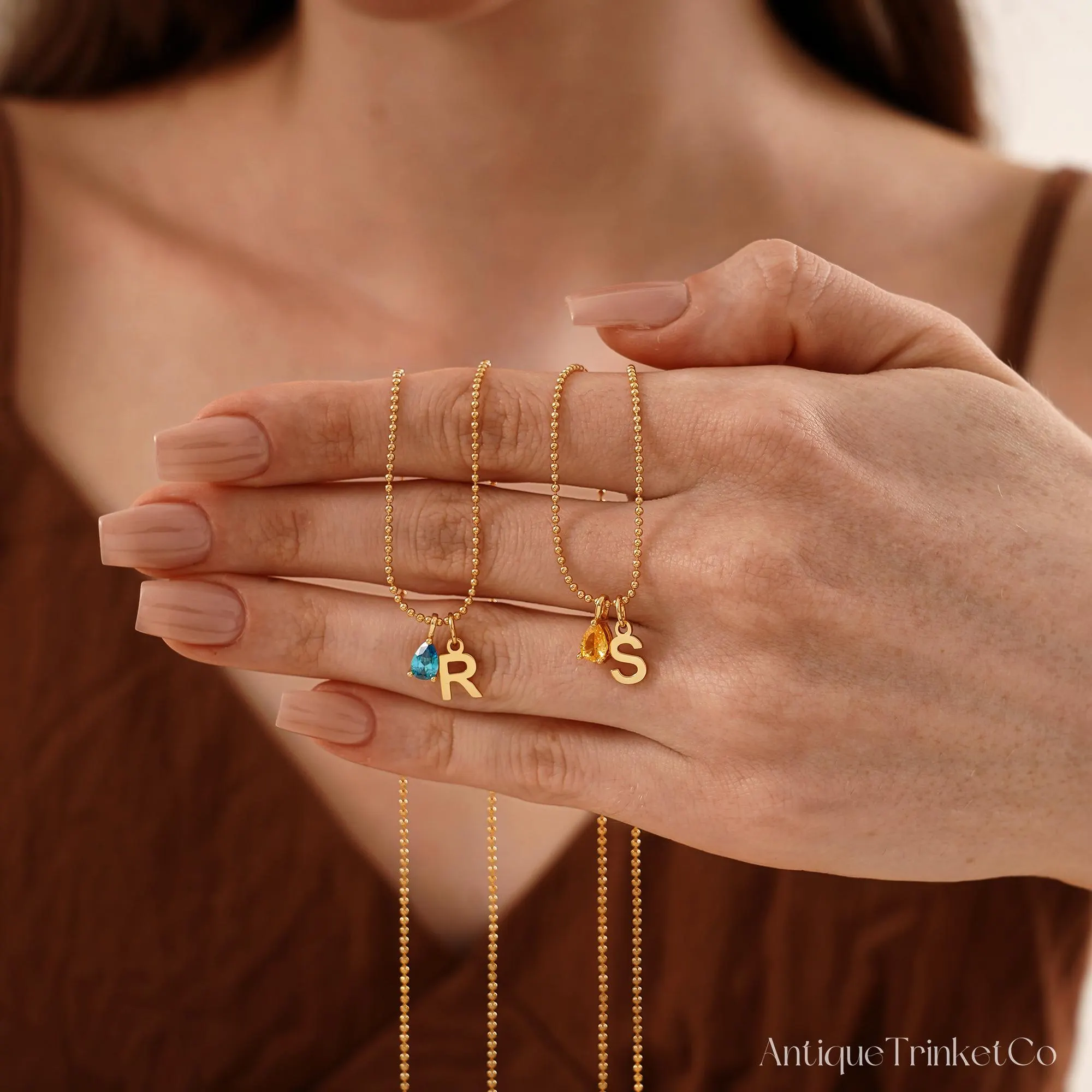 Initial Teardrop Birthstone Necklace, Personalized Letter Charm, Multiple Name Birthstone Necklace, Family Birthstone Jewelry,Christmas Gift