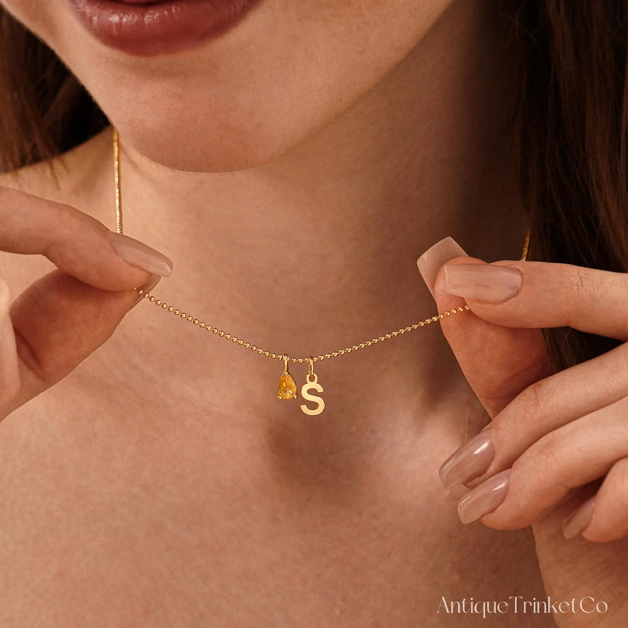 Initial Teardrop Birthstone Necklace, Personalized Letter Charm, Multiple Name Birthstone Necklace, Family Birthstone Jewelry,Christmas Gift