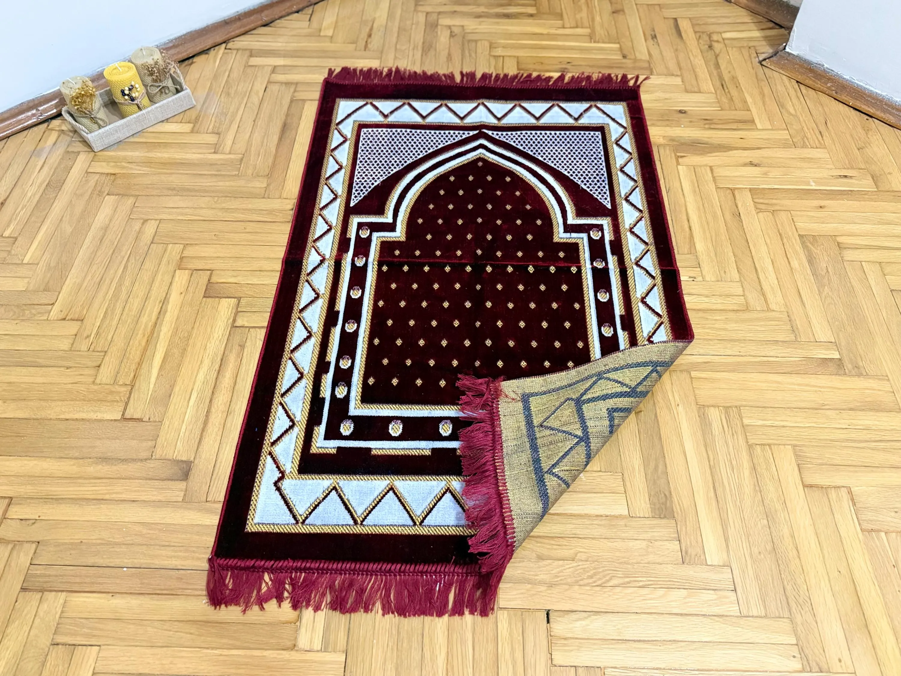 Velvet Red Prayer Rug Set; Prayer Mat, Rahle, Sejadah, Islamic Favor, Muslim Eid Gift - image 4