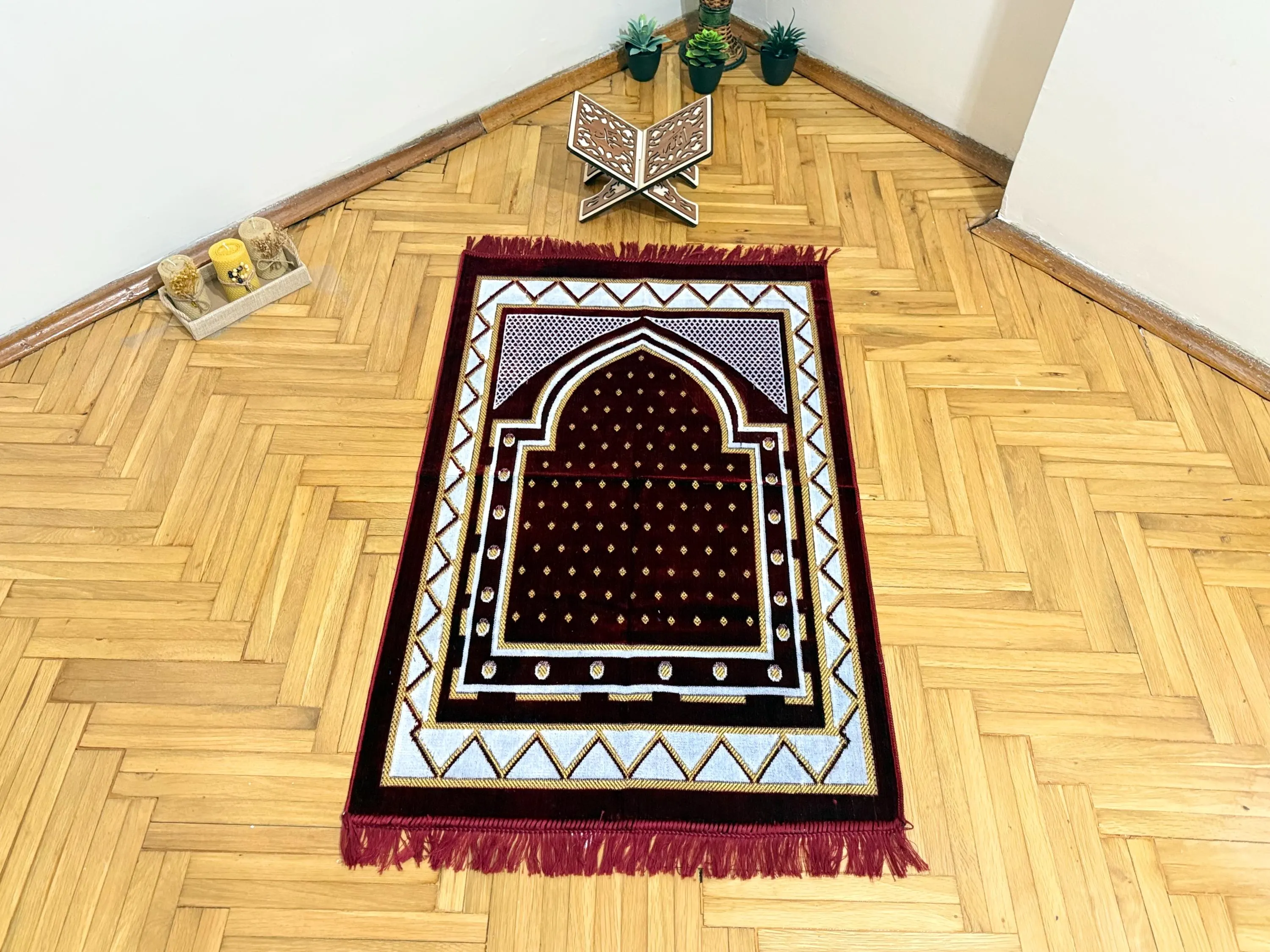 Velvet Red Prayer Rug Set; Prayer Mat, Rahle, Sejadah, Islamic Favor, Muslim Eid Gift - image 2