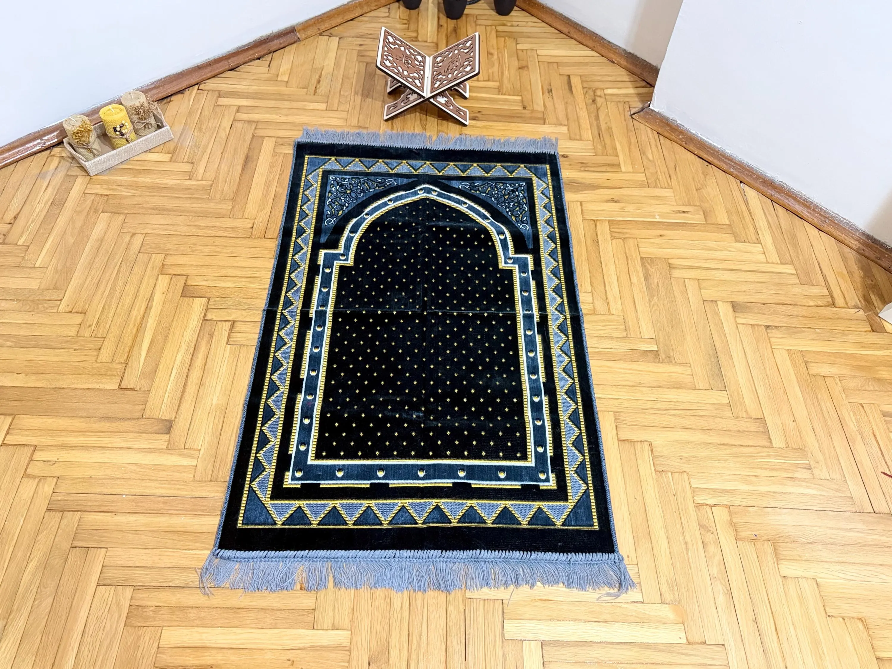 Gray Simple and Elegant Looking Velvet Prayer Mat Set; Muslim Prayer Rug, Lectern, Sejadah - image 3