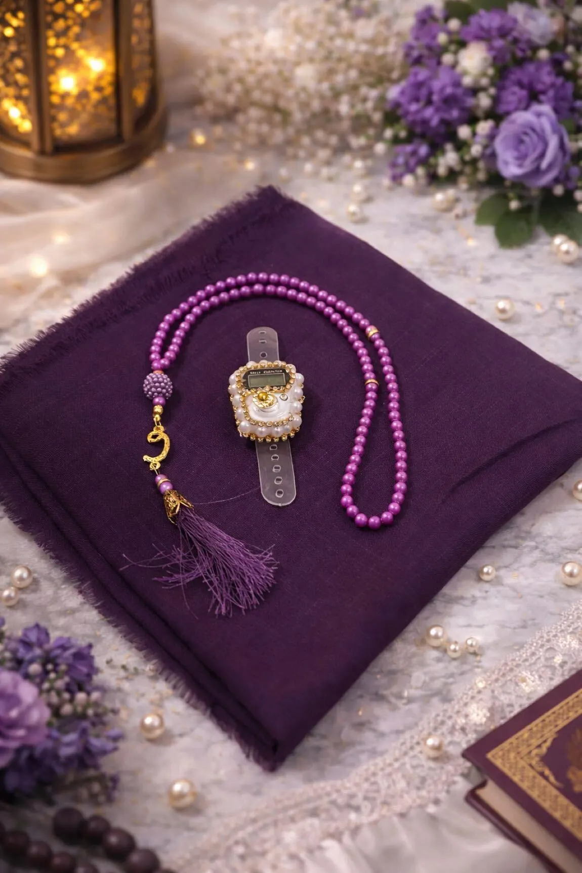 Cotton Shawl Islamic Gift; Scarf & Tasbih and Digital Counter Set, Mawlid Favors, Muslim Gifts - image 4