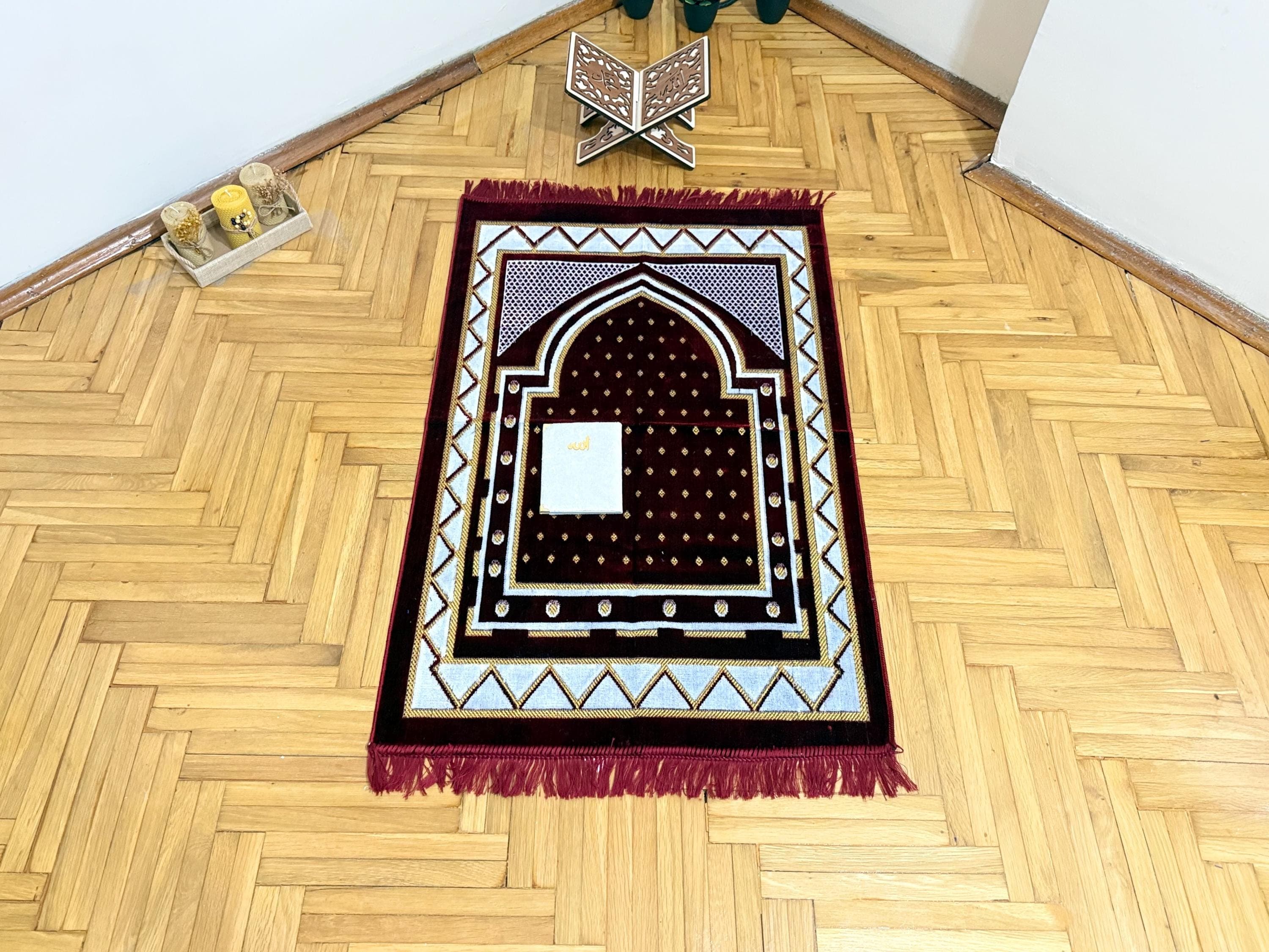 Velvet Red Prayer Rug Set; Prayer Mat, Rahle, Sejadah, Islamic Favor, Muslim Eid Gift - image 5
