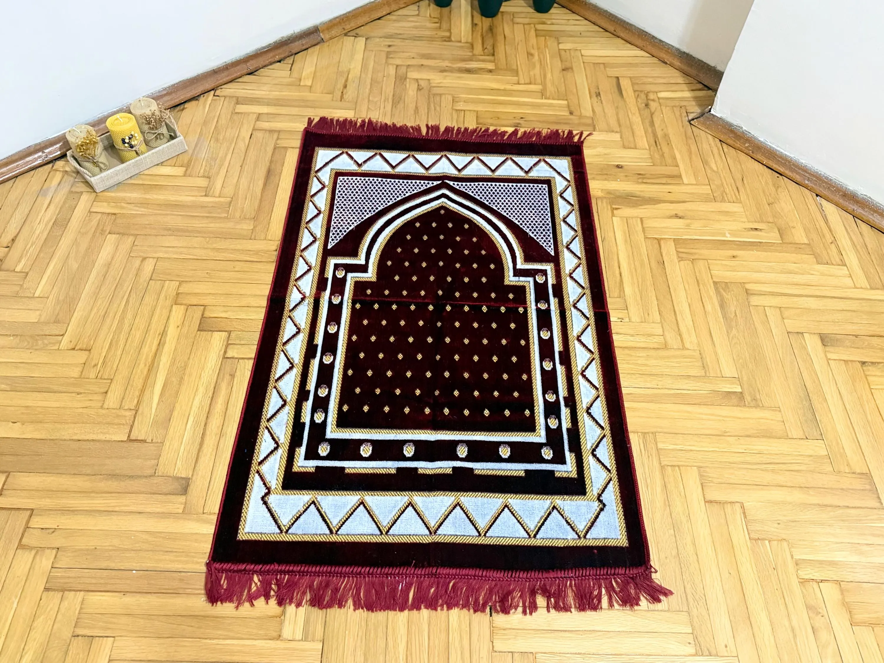 Velvet Red Prayer Rug Set; Prayer Mat, Rahle, Sejadah, Islamic Favor, Muslim Eid Gift - image 3