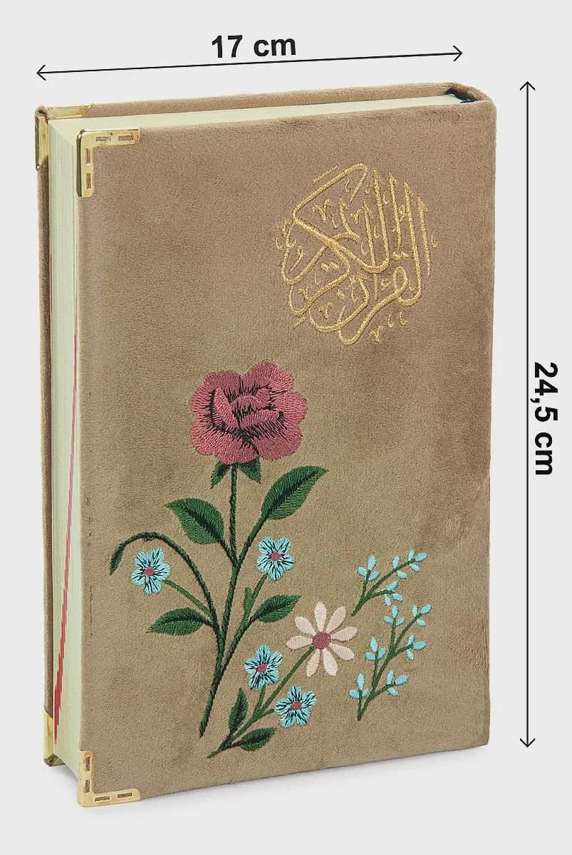 Embroidered Velvet-Covered Quran with Rose Motif; Medium Size Arabic Quran, Easy-to-Read, Prayer Holy Coran - image 4