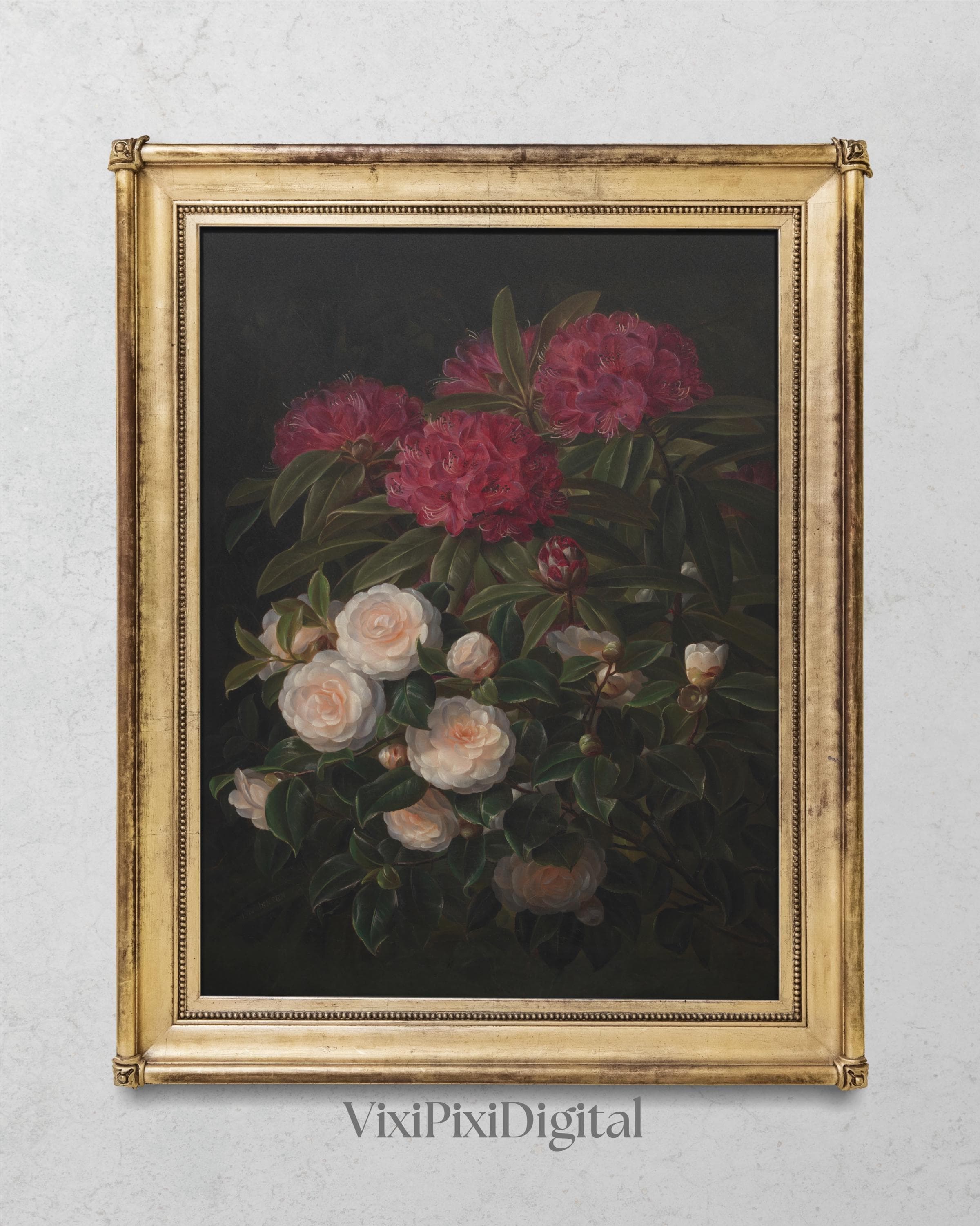 Camellias Rhododendrons Antique Oil Painting: Floral Still Life (Digital Download)