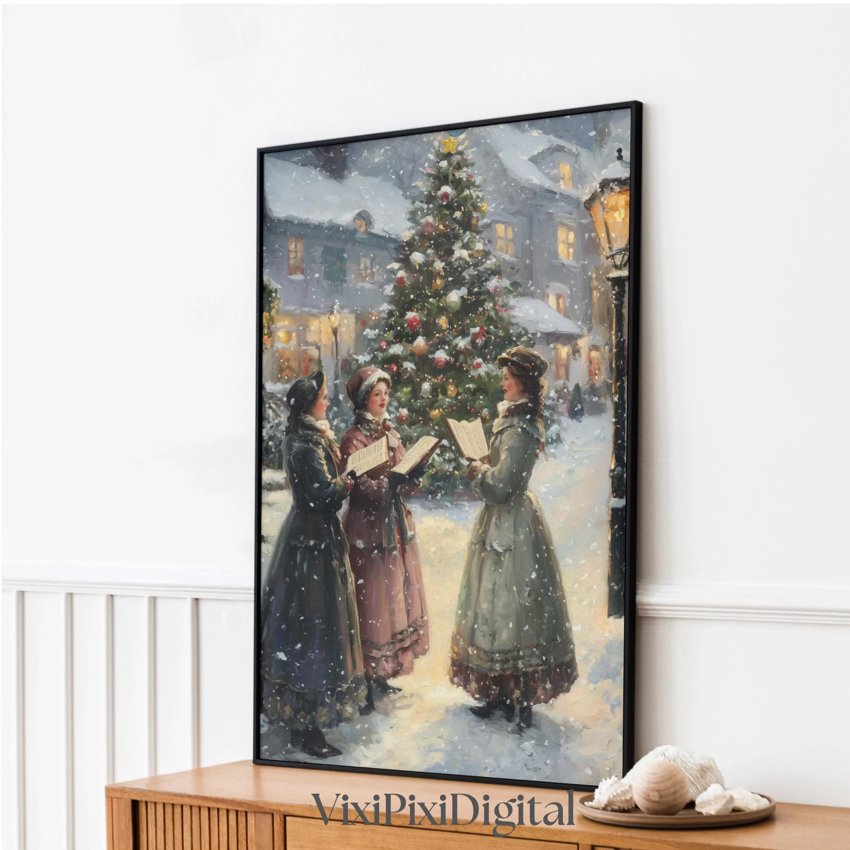 Girls singing Carols Vintage Christmas Wall Art Printable: Oil Painting (Digital Download) - image 3