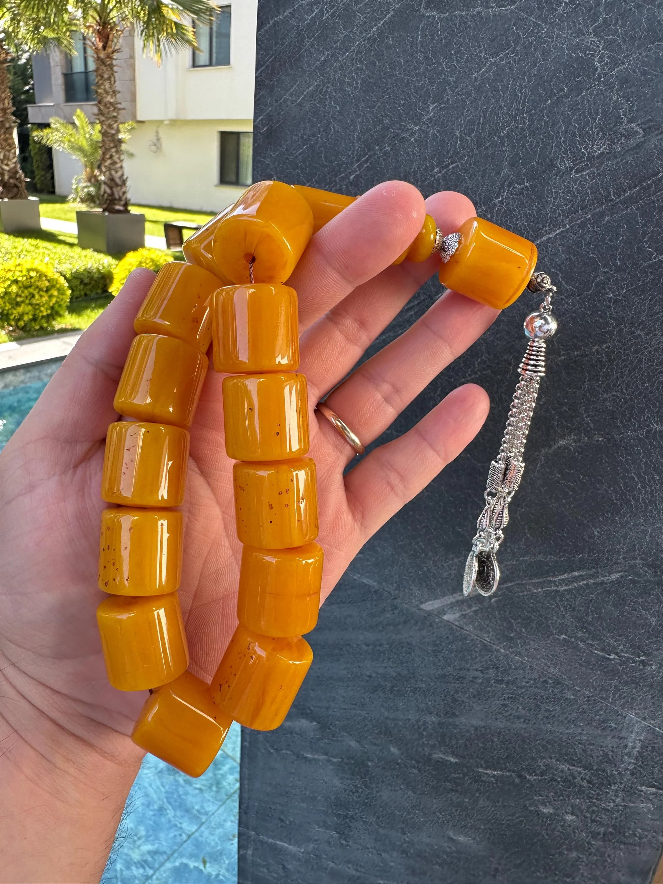 Handmade Amber-Look Tesbih – 13-Bead Pocket Islamic Prayer Beads with Silver Tassel, Gift for Him