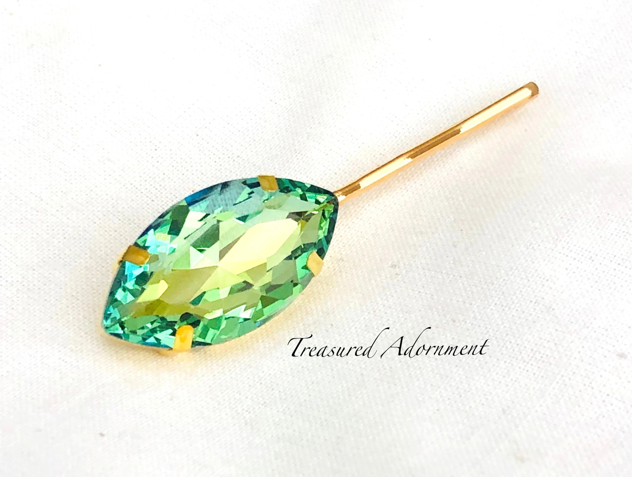 Vitrail Green and Yellow Rhinestone Bobby Pin, gold pin, Marquis Rhinestone, Gold Hair pin, wedding hair accessory, Prom Hair pins, Party - image 3