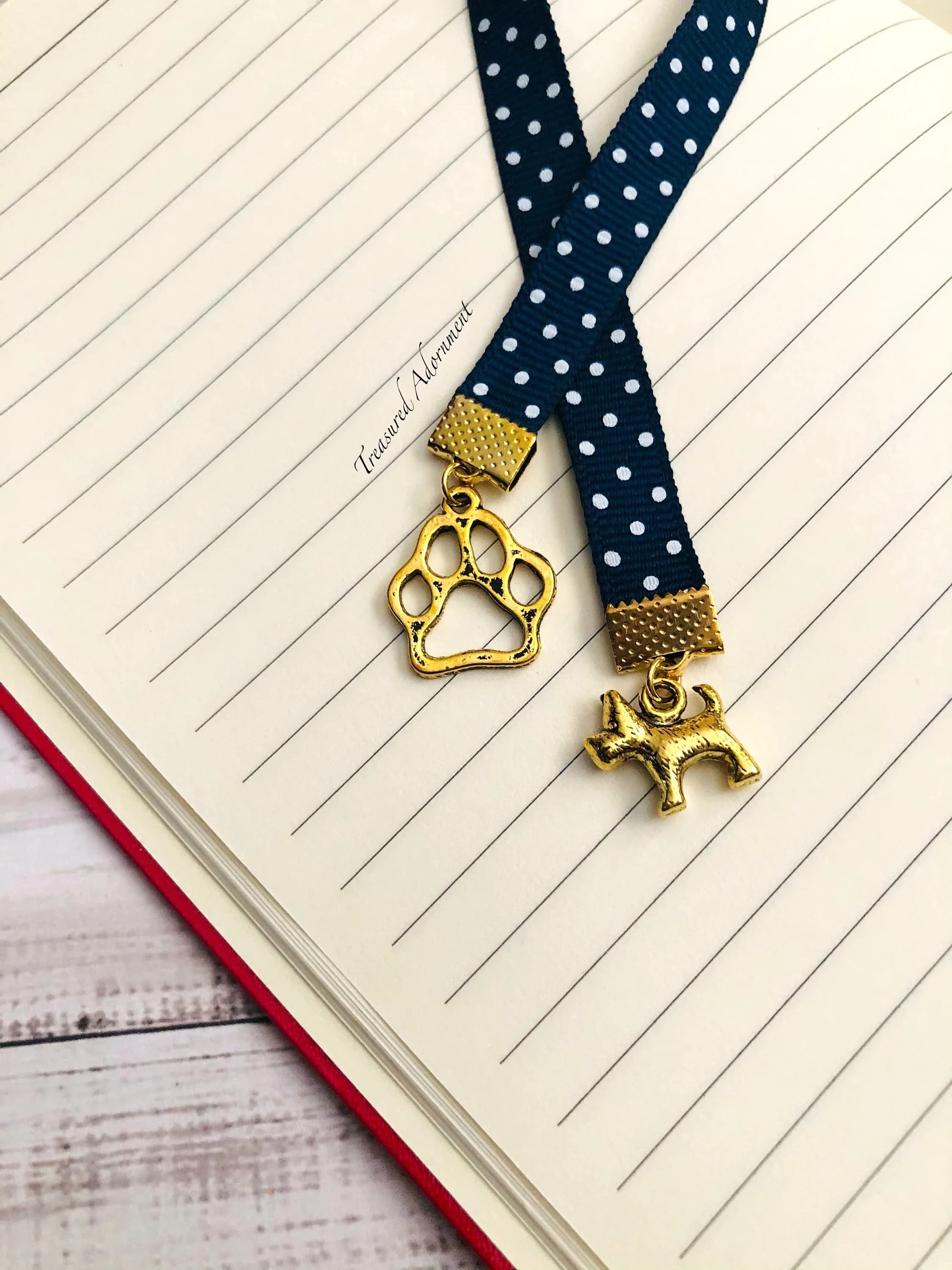 Bookmark, Paw print and Puppy charms Ribbon Bookmark, Navy Polkadot Ribbon, Bookworm, Dog Mom, Planner Accessory, Puppy, Gift for Mom, Pooch - image 3