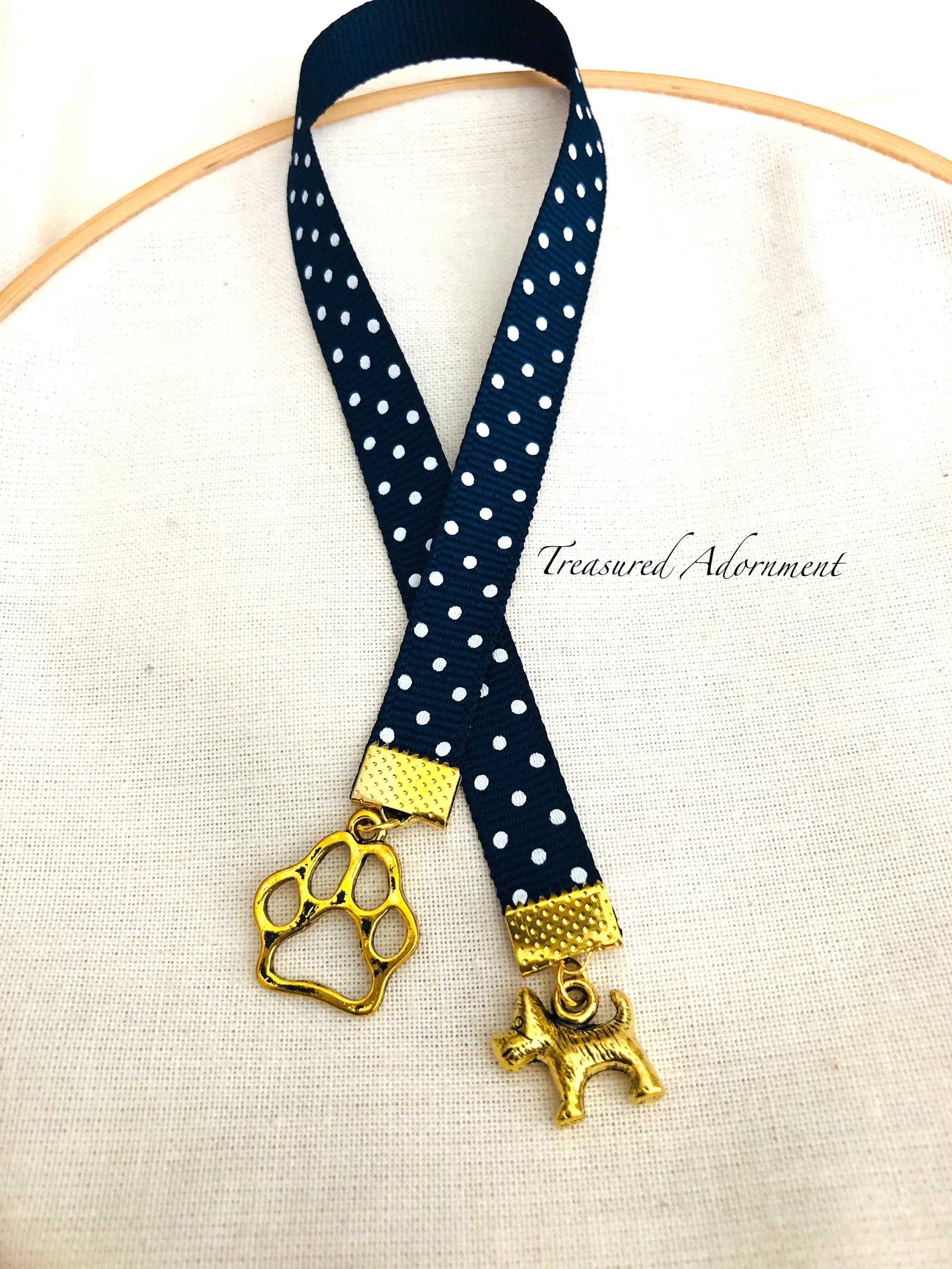 Bookmark, Paw print and Puppy charms Ribbon Bookmark, Navy Polkadot Ribbon, Bookworm, Dog Mom, Planner Accessory, Puppy, Gift for Mom, Pooch - image 4