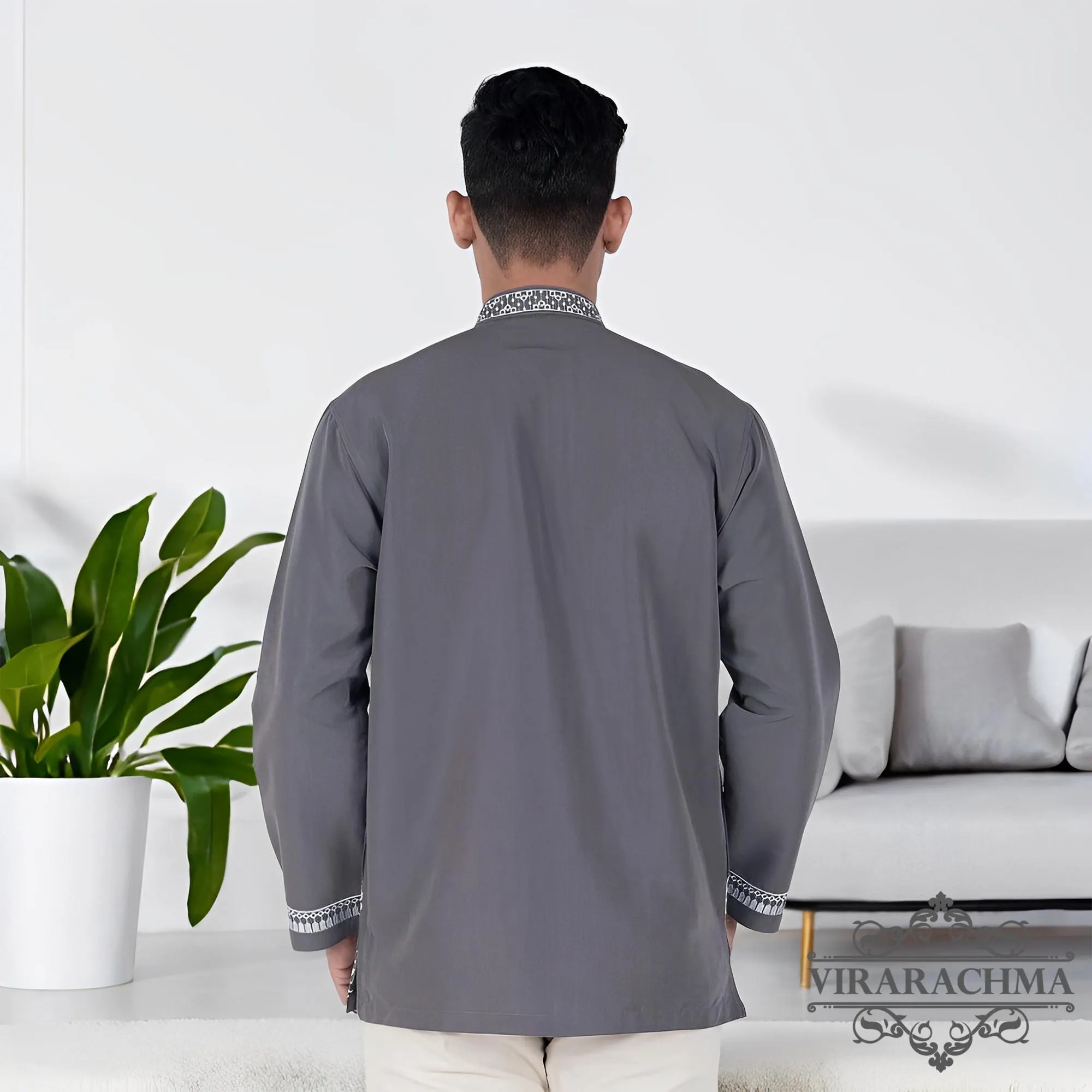 Taqwa – Men's Grey Long Sleeve Embroidered Koko, Looks Charming, Cotton Koko Shirt, Muslim Men's Wear, Islamic Clothing