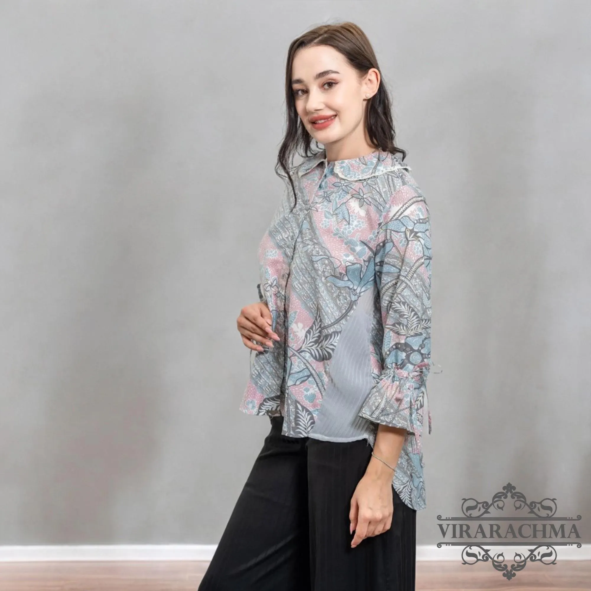 Alika Grey Batik Blouse Long Sleeve Top, Women's Blouse, Batik Blouse, Designer Blouse, Women's Blouse