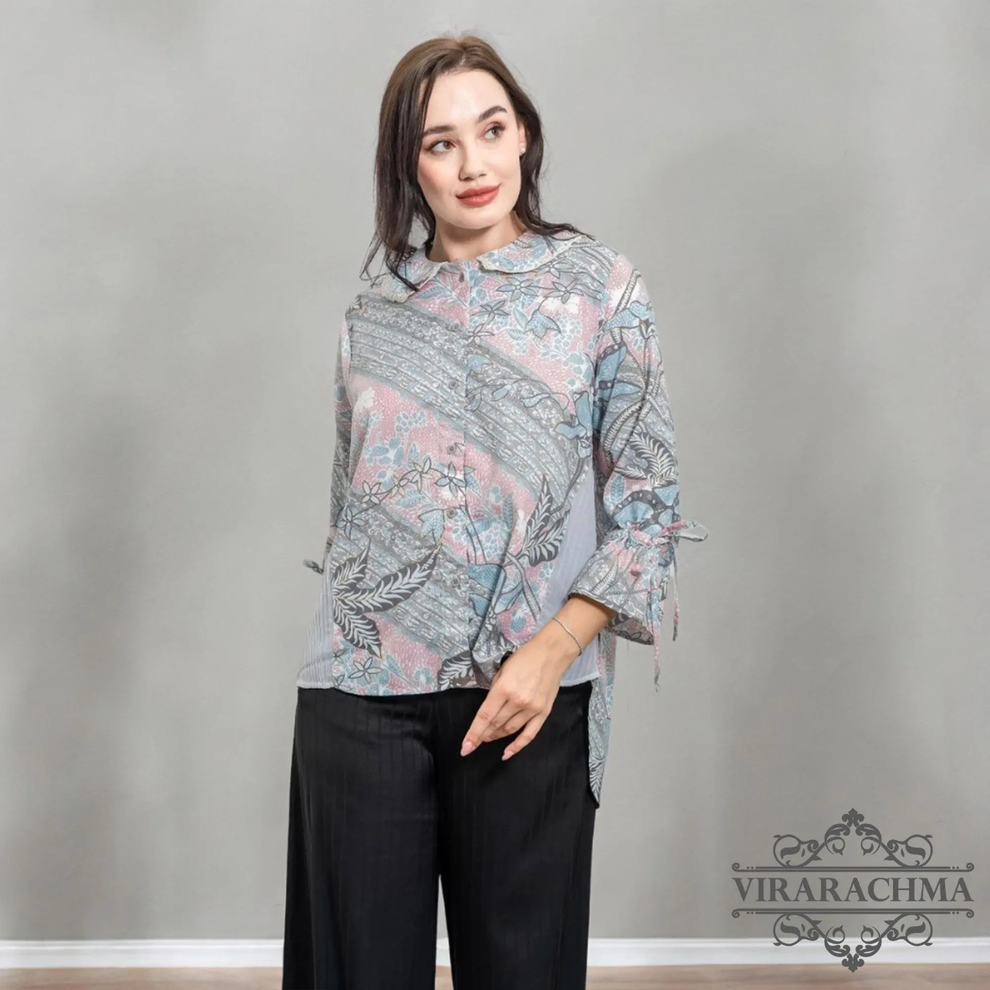 Alika Grey Batik Blouse Long Sleeve Top, Women's Blouse, Batik Blouse, Designer Blouse, Women's Blouse