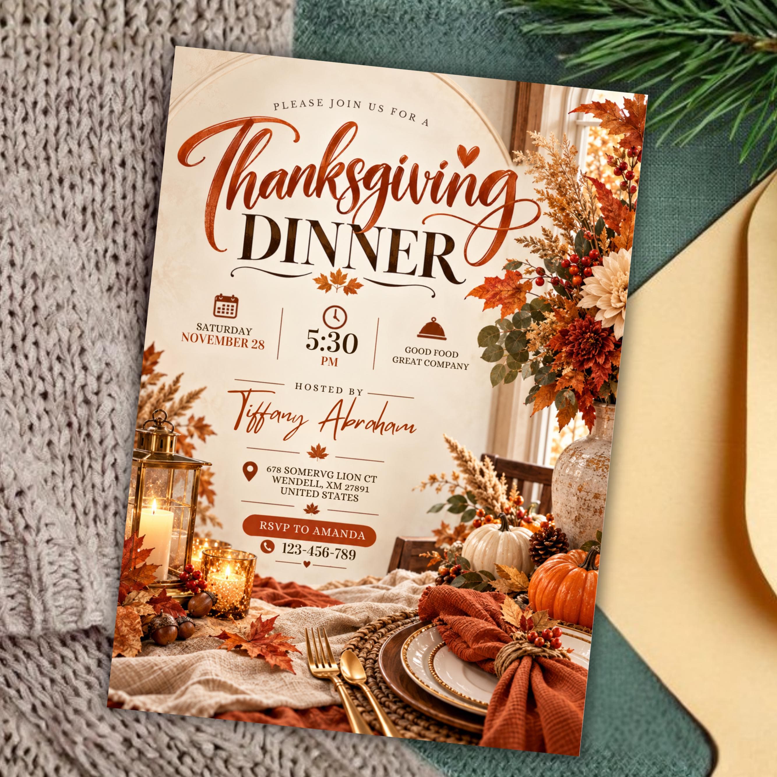 Thanksgiving Dinner Invitation Template, Friendsgiving Dinner Invite, Fall Thanksgiving Party Invitation, Editable Canva Invite