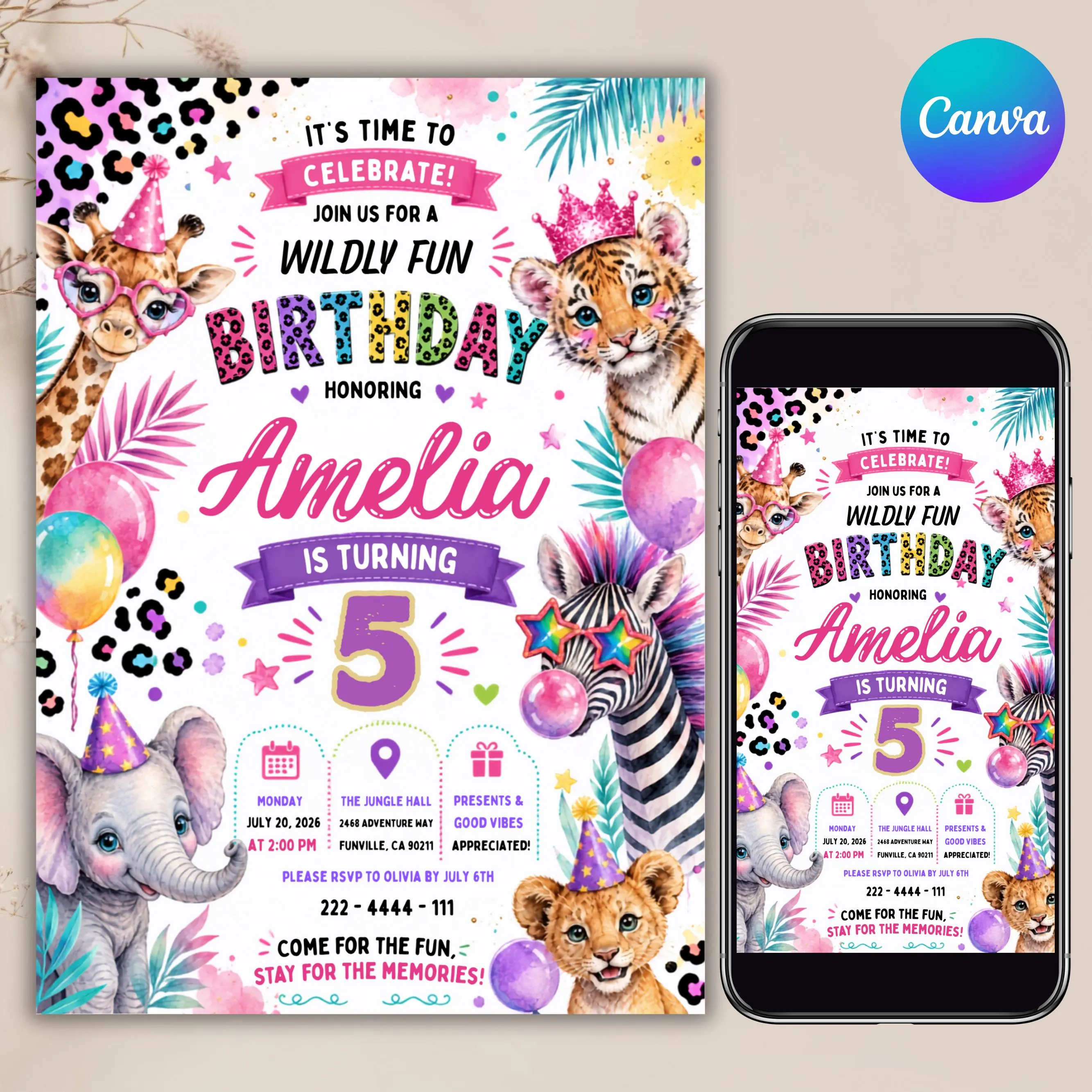 Party Animals Birthday Invitation Pastel Rainbow Cheetah Print Leopard Print Wild Safari Animals Birthday Party Invite Canva Editable