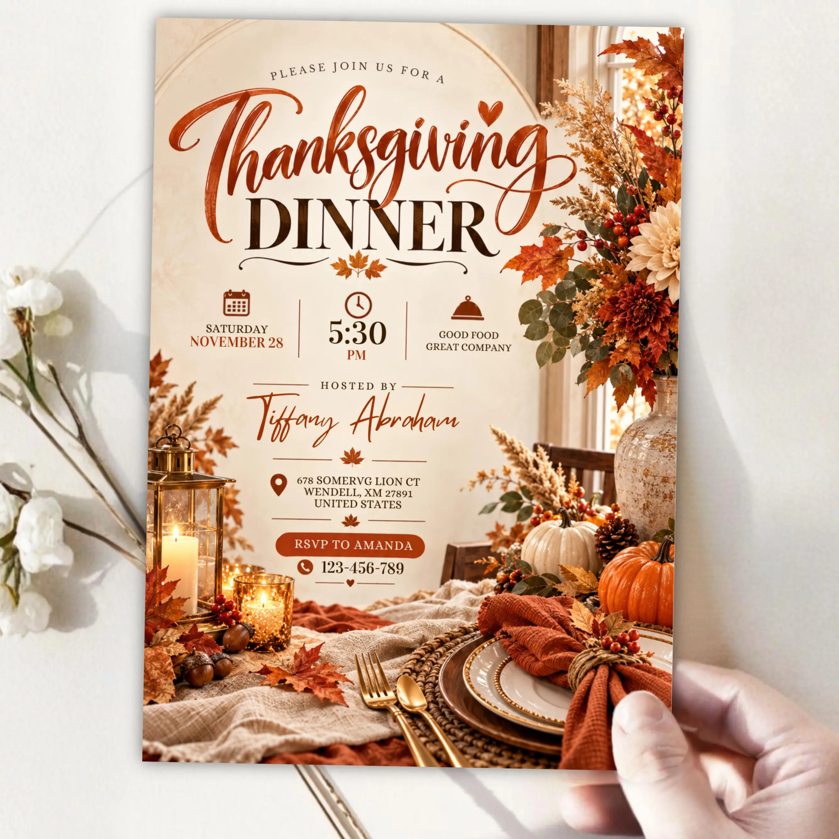 Thanksgiving Dinner Invitation Template, Friendsgiving Dinner Invite, Fall Thanksgiving Party Invitation, Editable Canva Invite