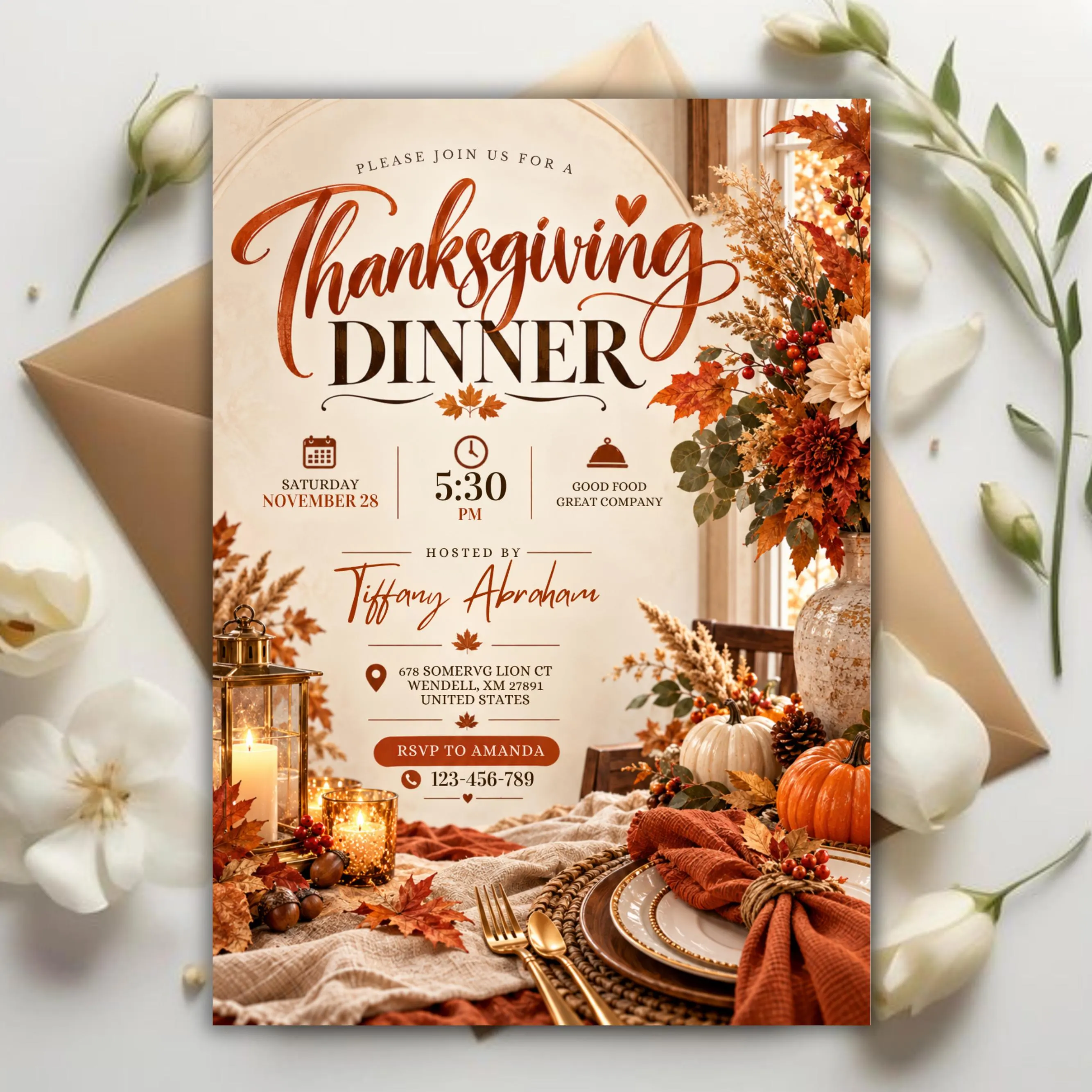Thanksgiving Dinner Invitation Template, Friendsgiving Dinner Invite, Fall Thanksgiving Party Invitation, Editable Canva Invite
