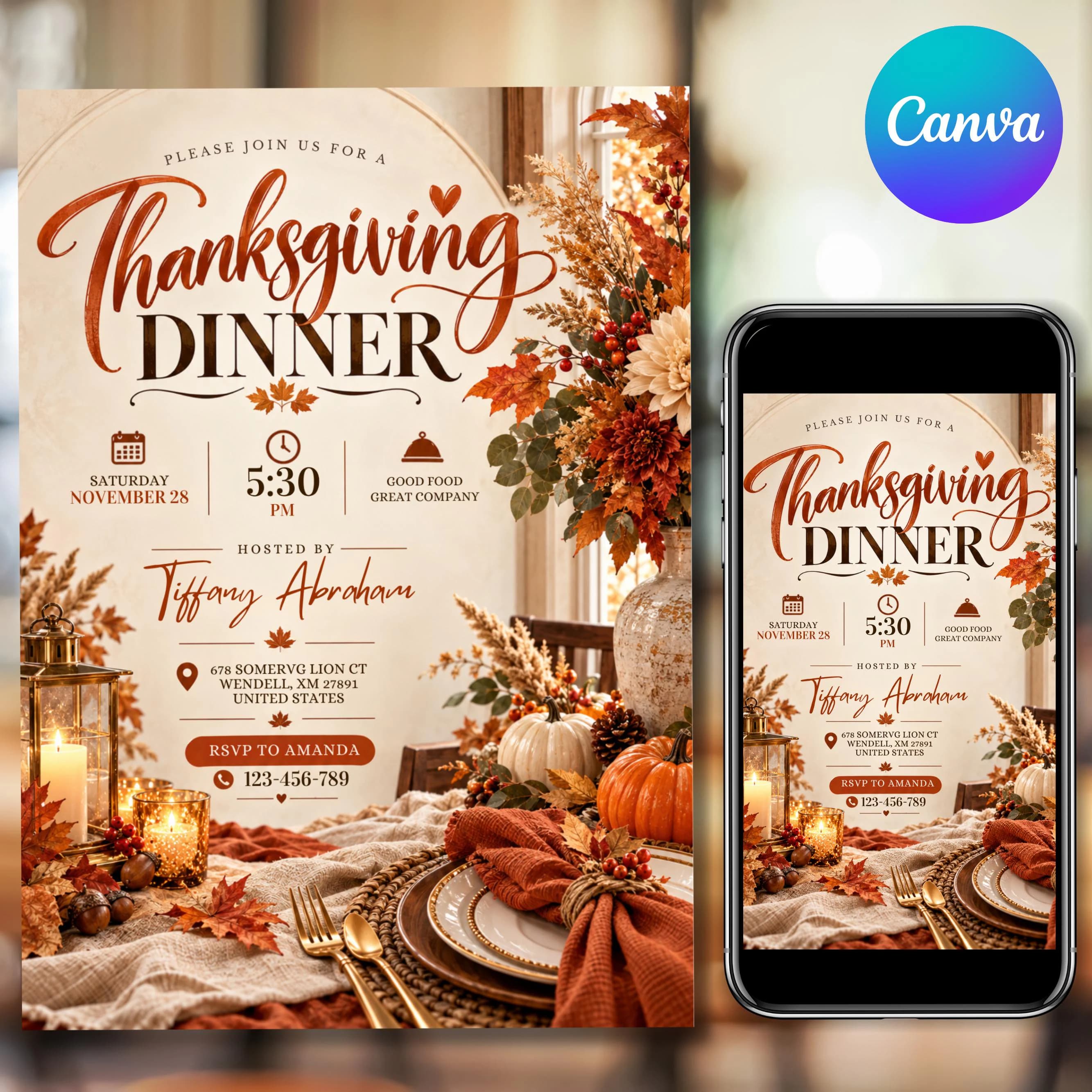 Thanksgiving Dinner Invitation Template, Friendsgiving Dinner Invite, Fall Thanksgiving Party Invitation, Editable Canva Invite