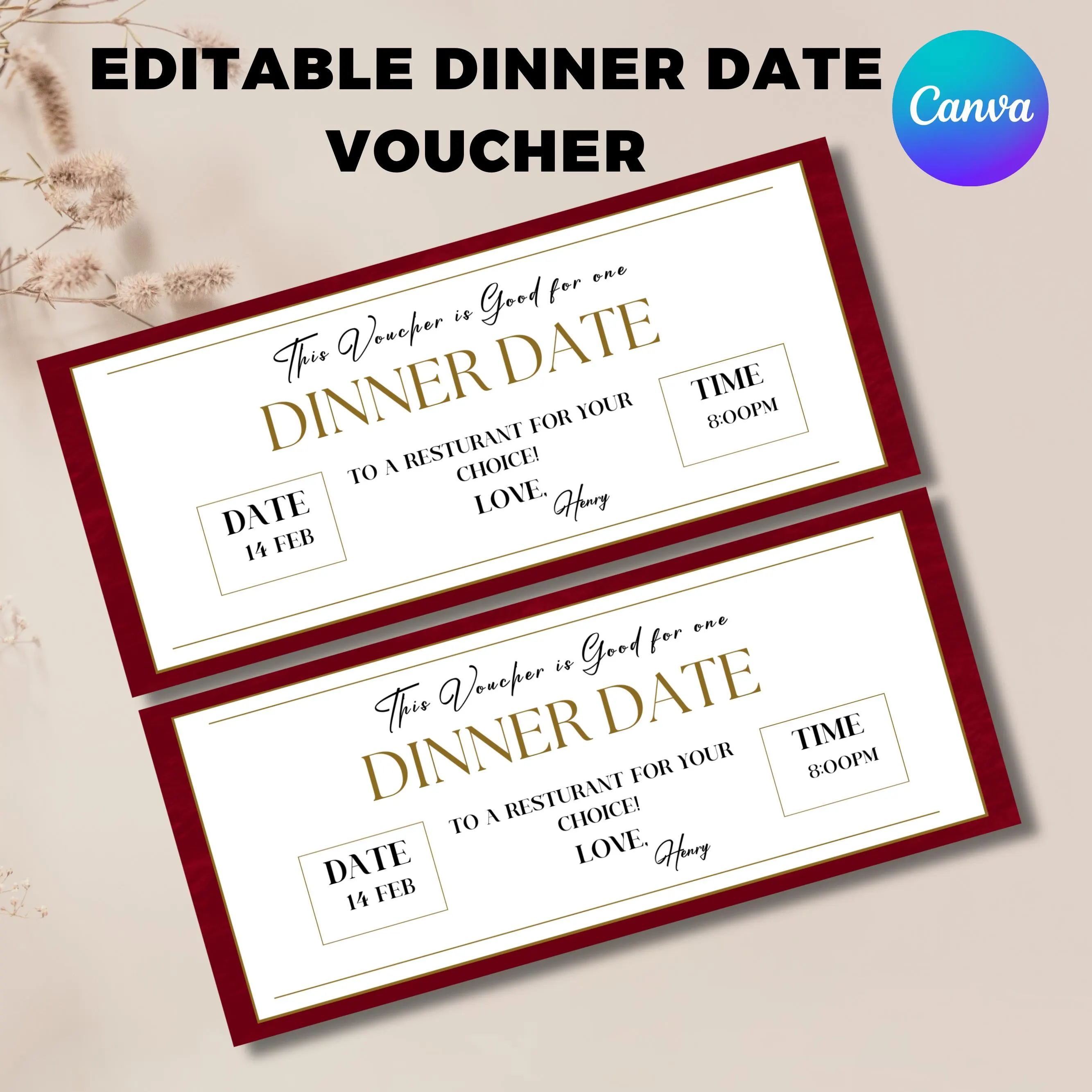 Dinner Date Coupon Voucher, Gift Voucher Template, date night voucher, Love Coupon, Restaurant Voucher, Canva Editable