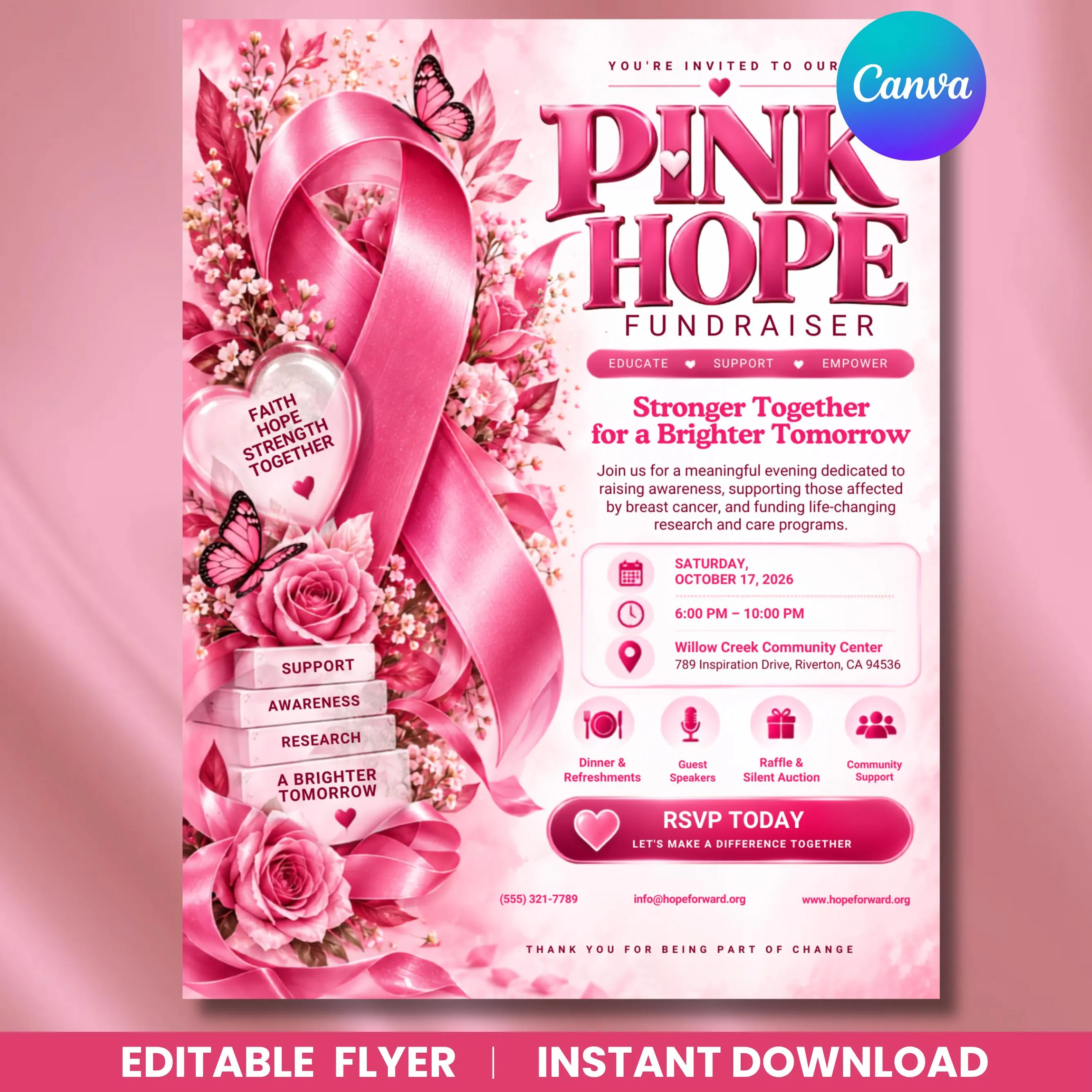 Pink Hope Fundraiser Flyer, Breast Cancer Awareness Event Template, Editable Canva Flyer, Charity Fundraiser Invitation, Instant Download