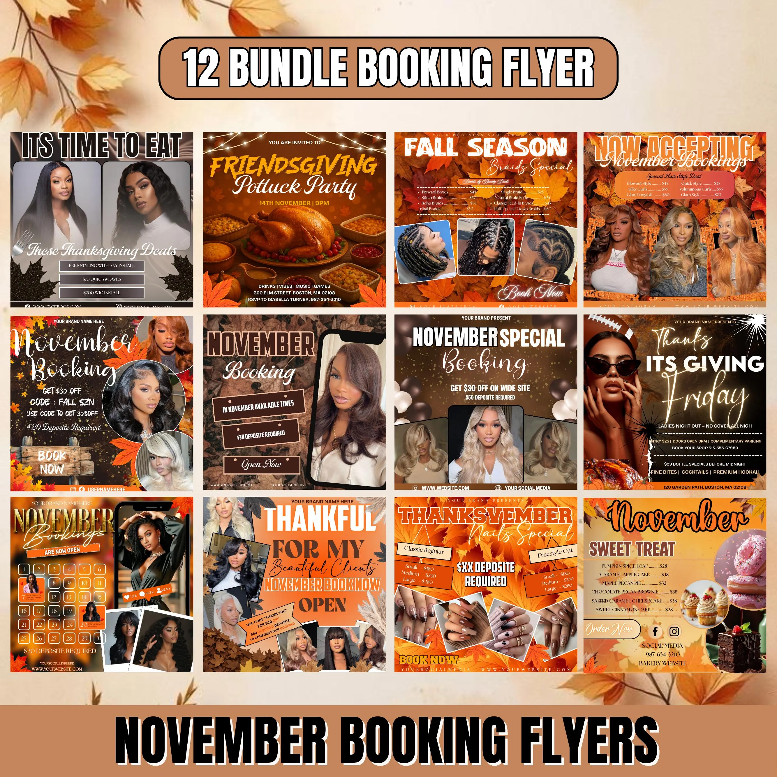 November Booking Flyer Bundle, Fall Season Booking flyer, Thanksgiving flyers, November Books Open, Flyers Templates, DIY Canva Editable