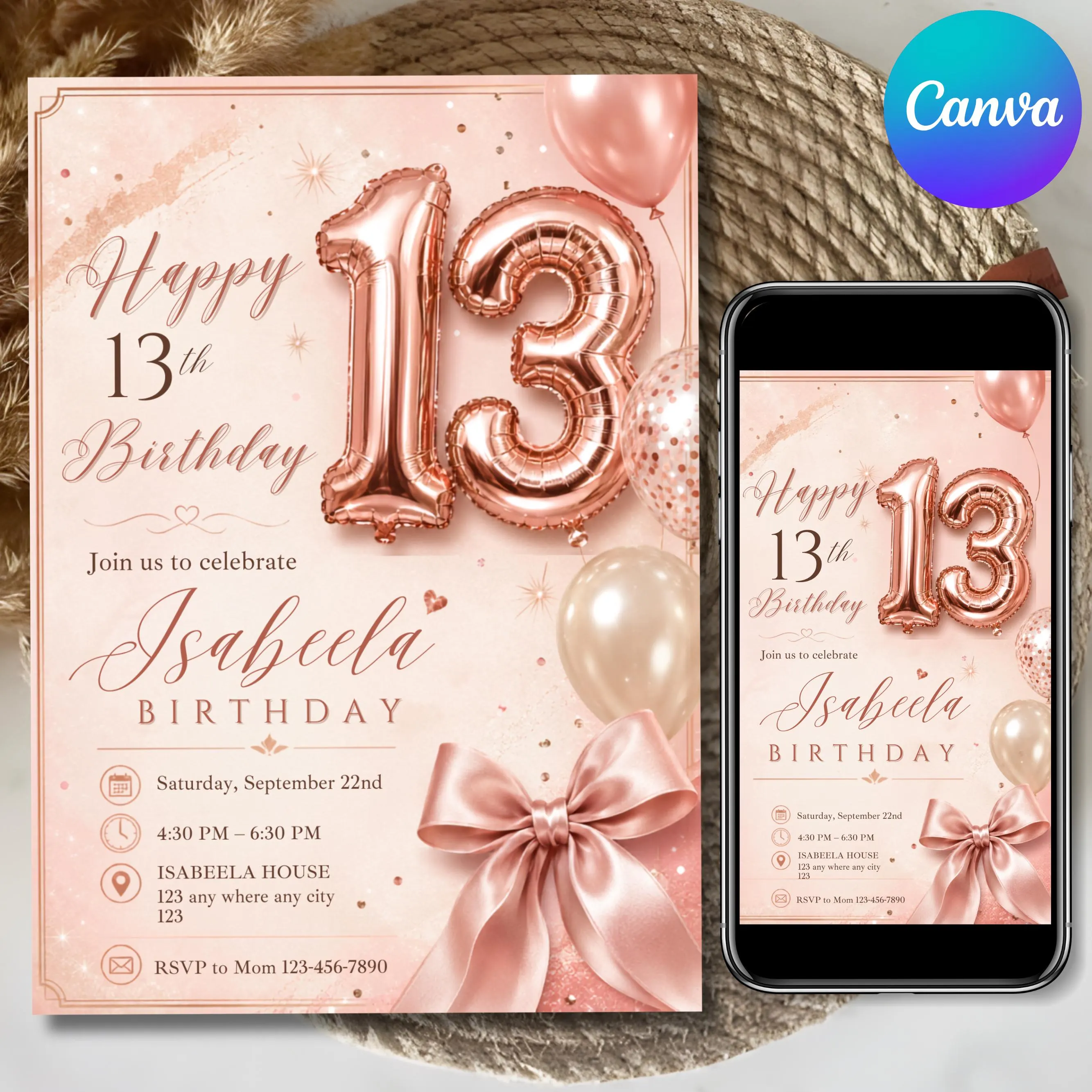 13th Birthday Invitation Girl, Rose Gold Balloon Party Invite, Pink Bow Teen Birthday, Editable Canva Template, Printable Instant Download