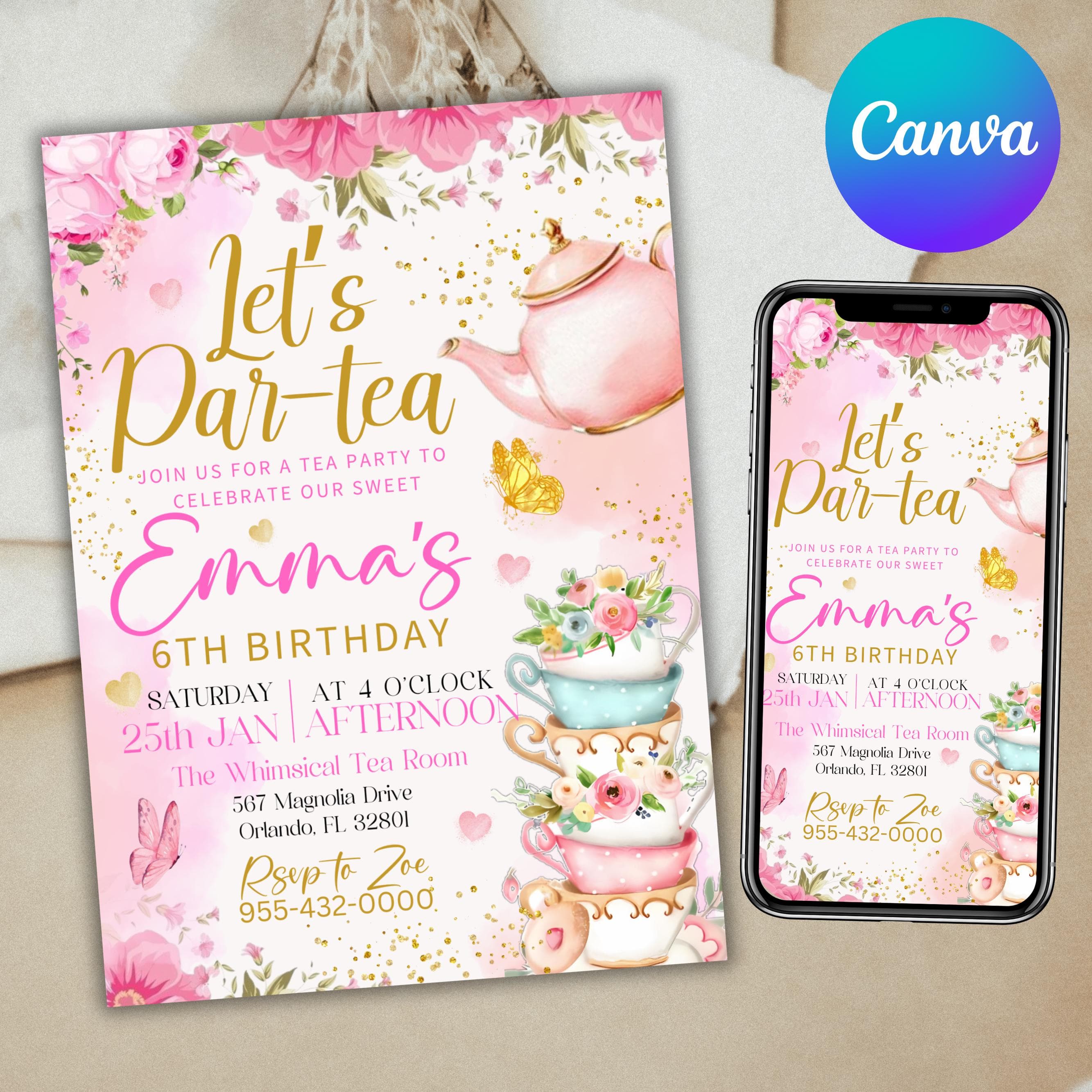 Tea party Birthday Invitation, tea birthday brunch invite, Par-tea birthday invite, Birthday Party Invitation, party invite, Canva Editable