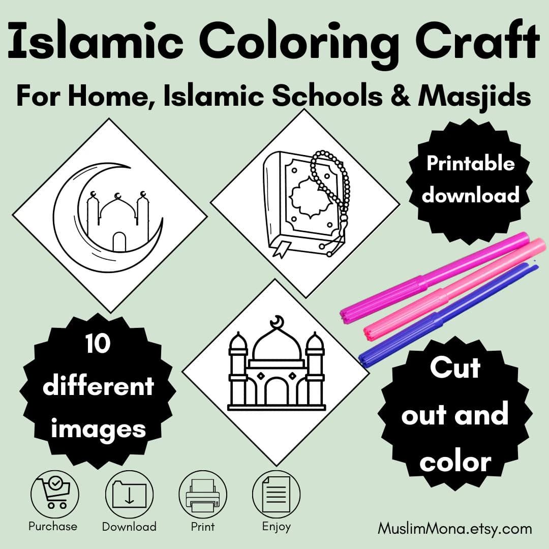 Islamic Coloring Craft: 10 Designs for Kids (Digital Download)