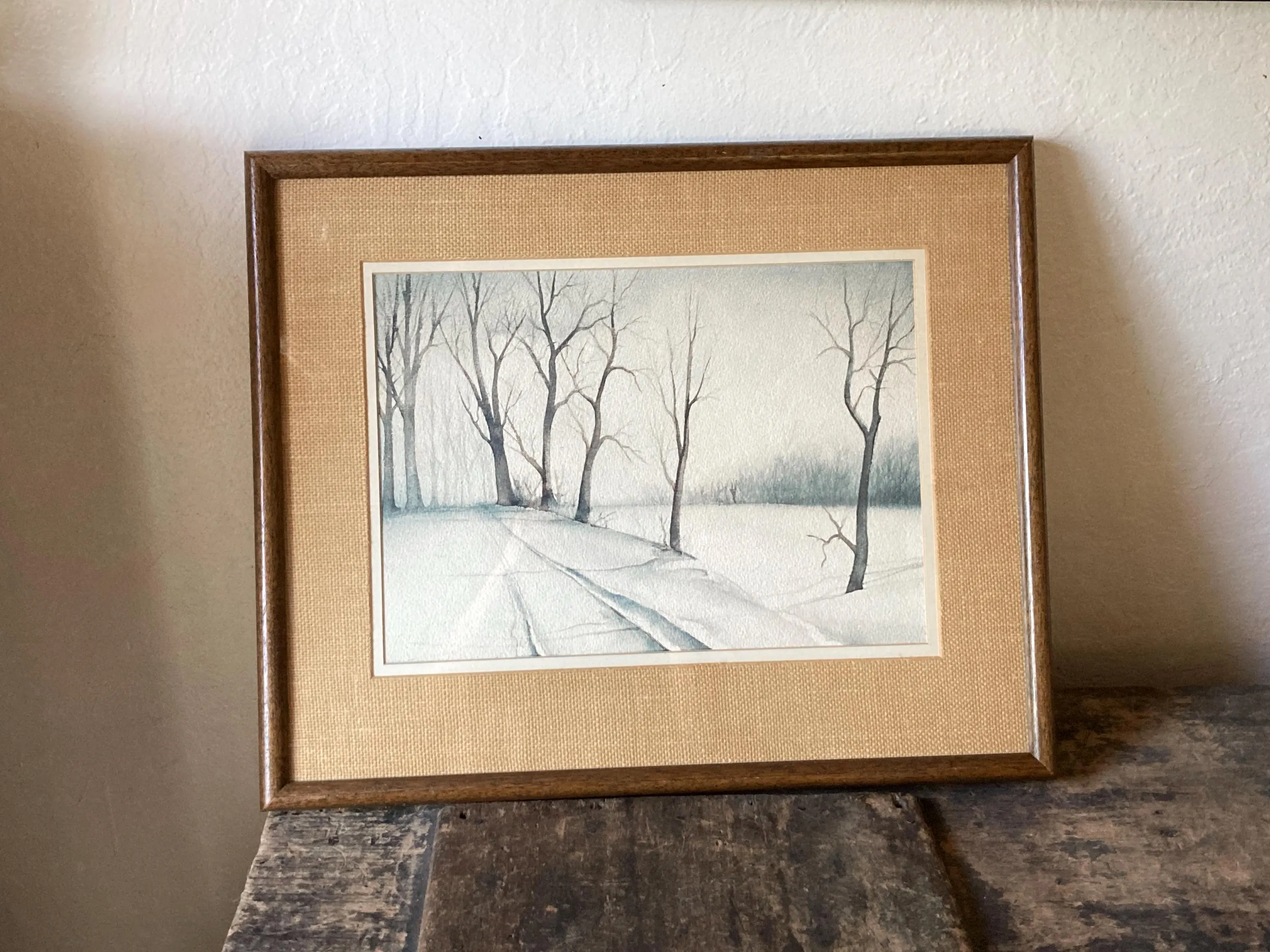Serene Trees 21 x 18 Watercolor Painting Mid Century Wood Frame and Burlap Mat - image 5