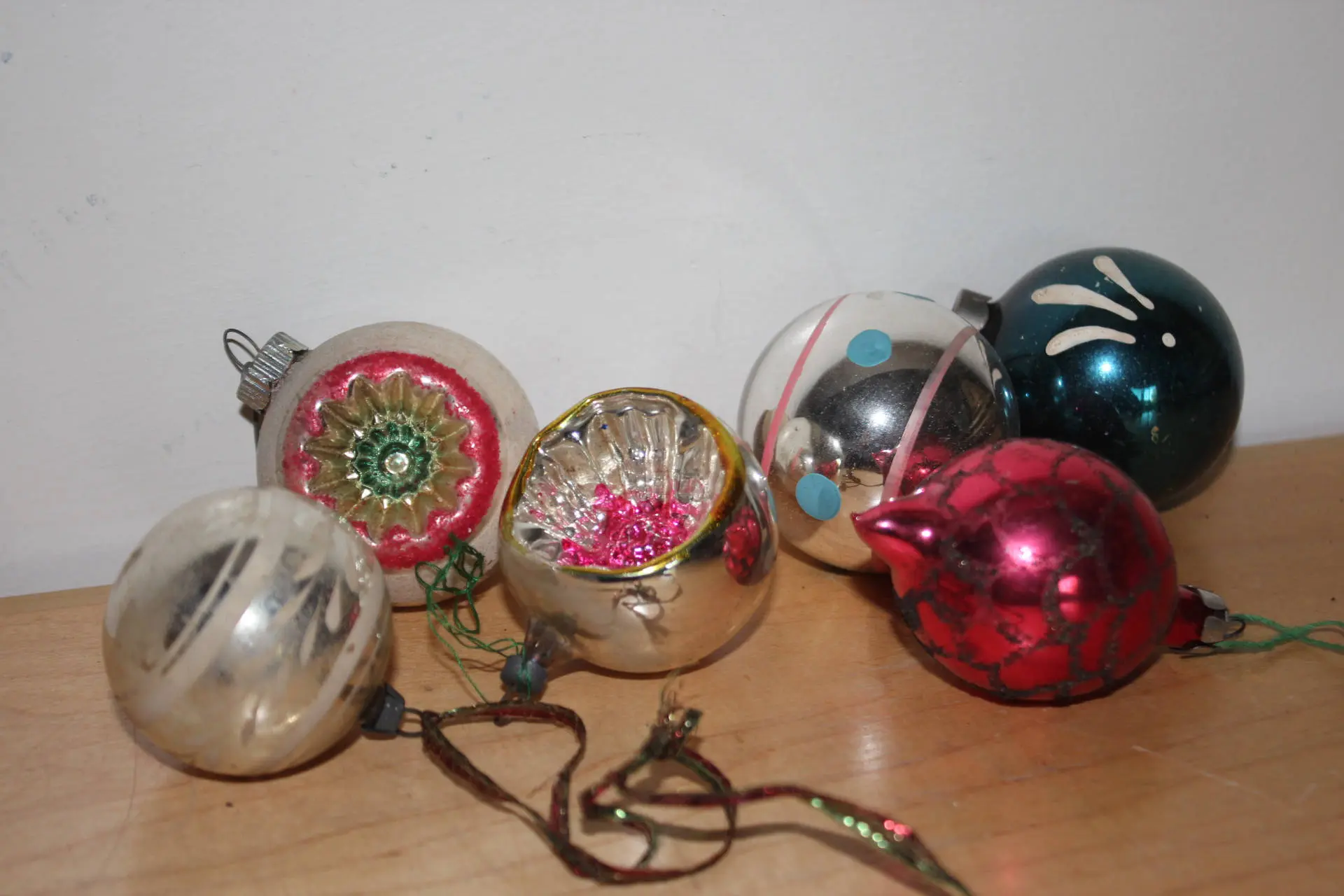 Set 6 Vintage Christmas Ornaments Assorted - Pink Silver Blue Red Polka Dot - image 3