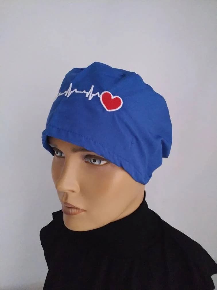 Heart unisex cap | blue surgical cap | Head Covers - woman surgical hats, Medical cap , adjustable , cotton cap, Chemo cap l nurse cap - image 4