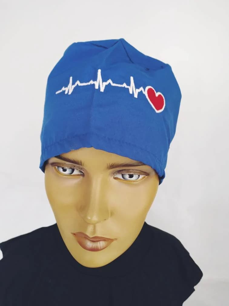Heart unisex cap | blue surgical cap | Head Covers - woman surgical hats, Medical cap , adjustable , cotton cap, Chemo cap l nurse cap - image 3