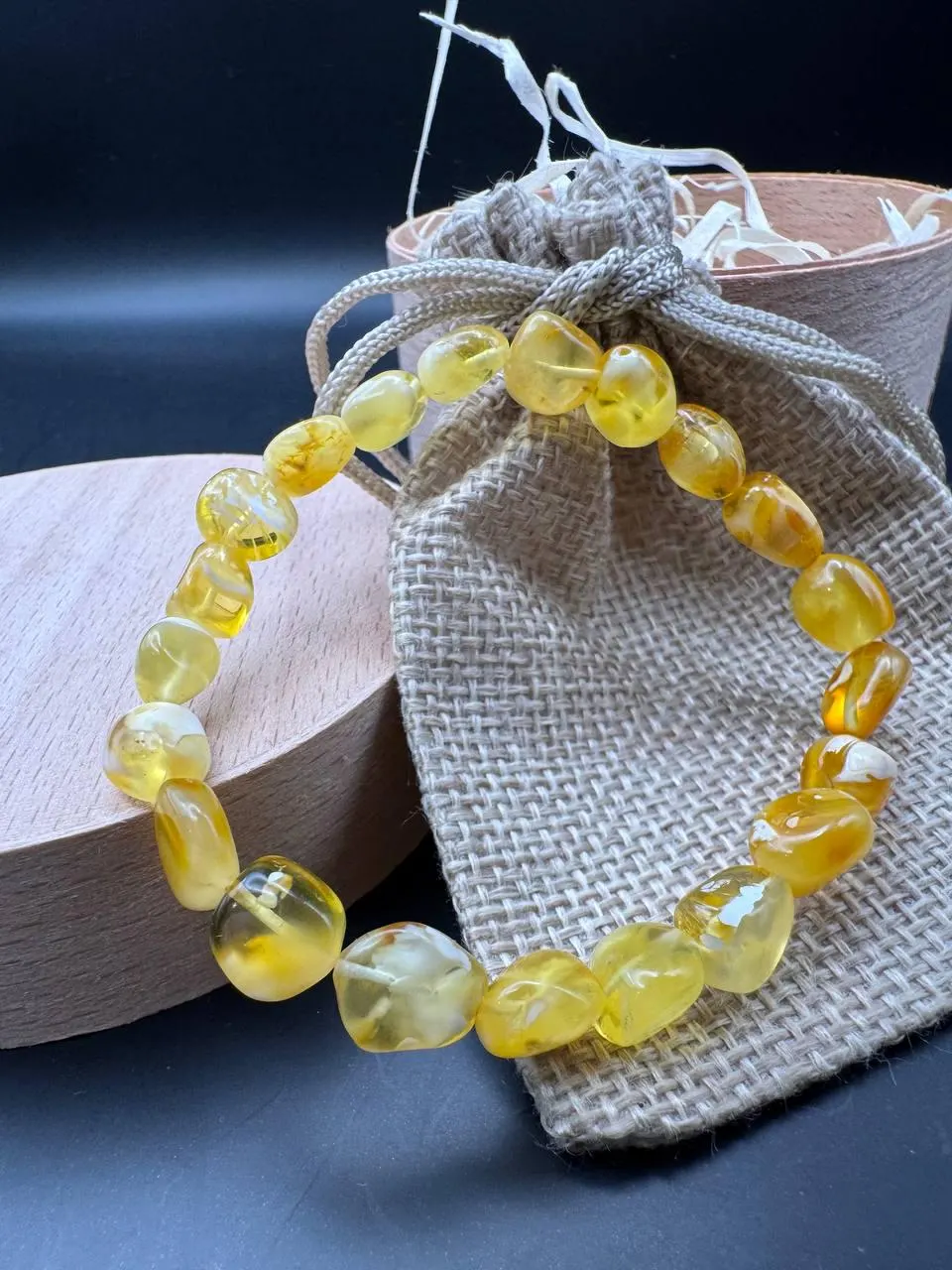 Handmade Baltic Amber Bracelet: Polished Honey Marble Beads, Stretchy Gemstone Jewelry