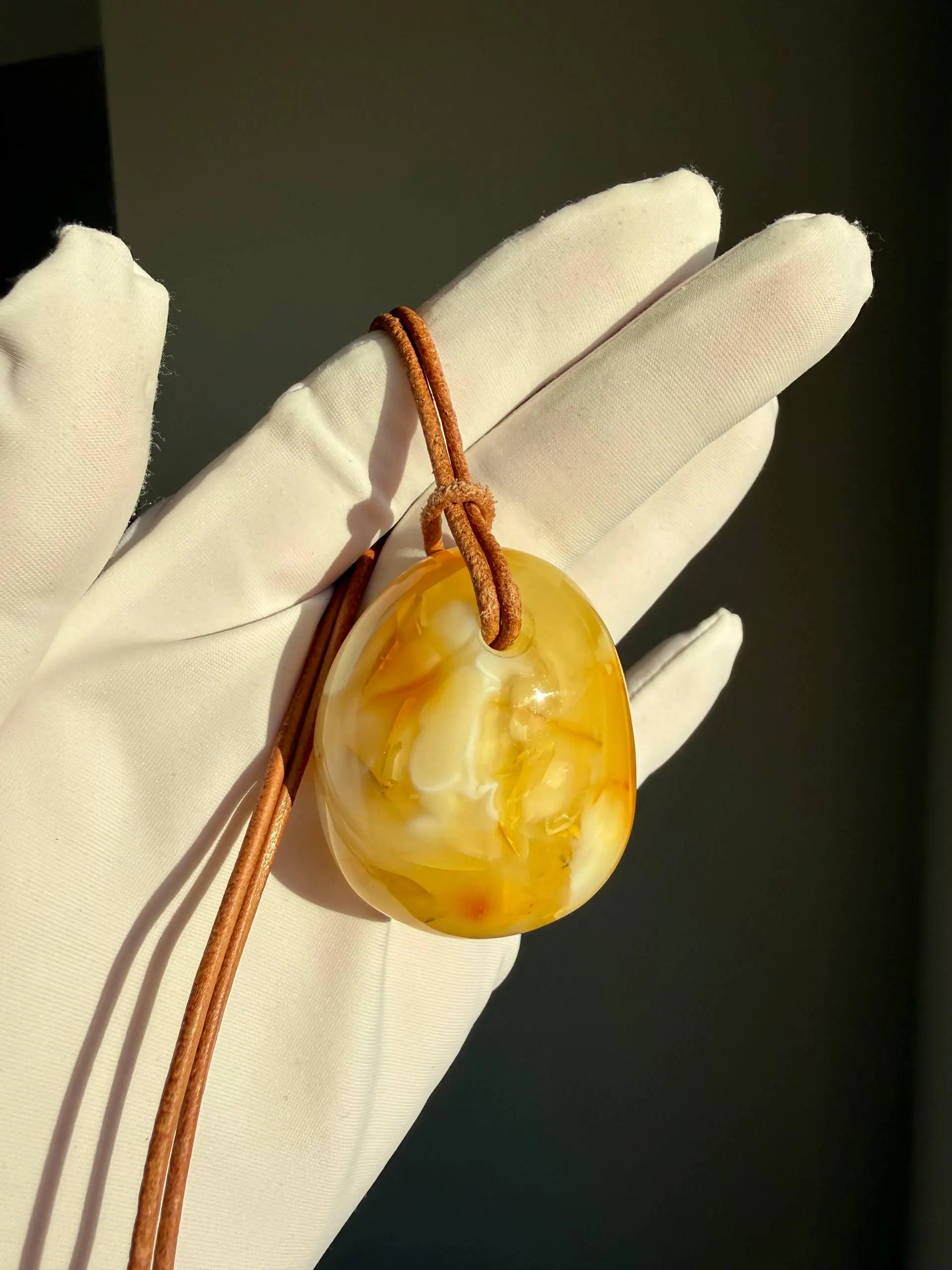 Natural Baltic Amber Pendant | Milky Butterscotch Swirls, Organic Freeform Stone, Suede Cord