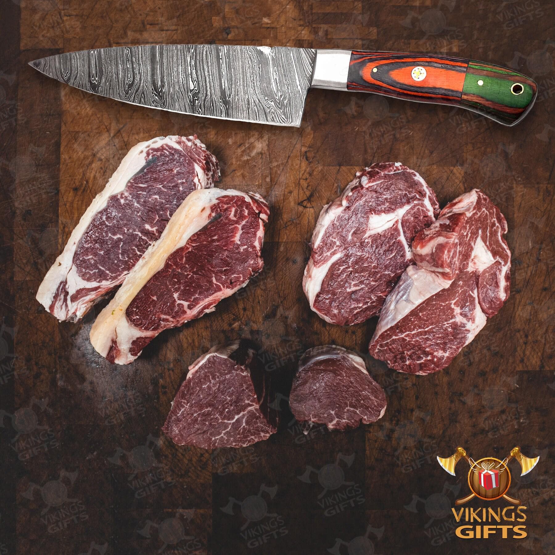 Hand-Forged Damascus Chef Knife Set: Wood & Bone Handle, Leather Roll - image 5