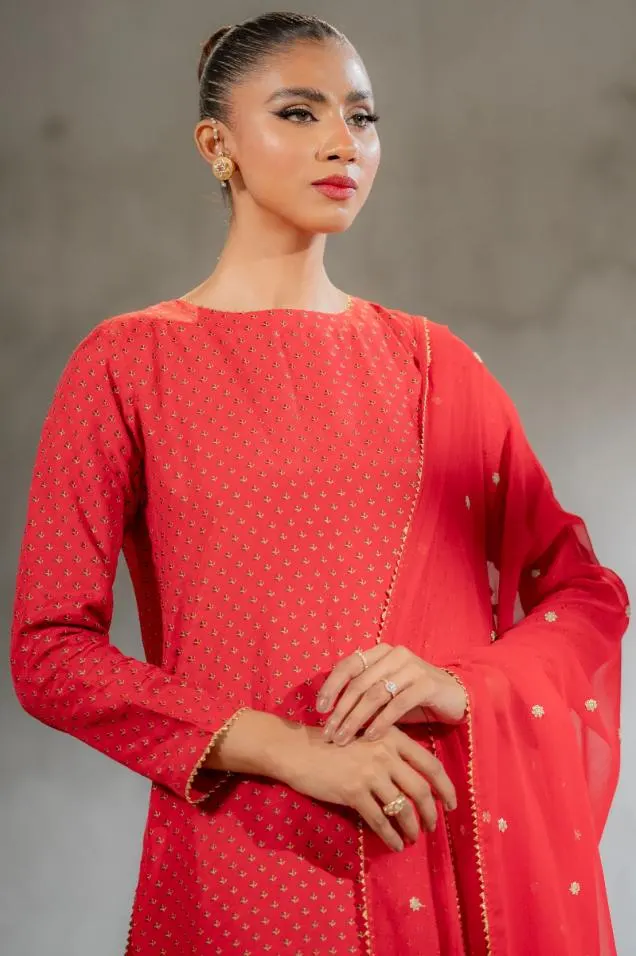 Red Raw Silk Kurta Gharara Set – Sequins Embroidered Pakistani Dress
