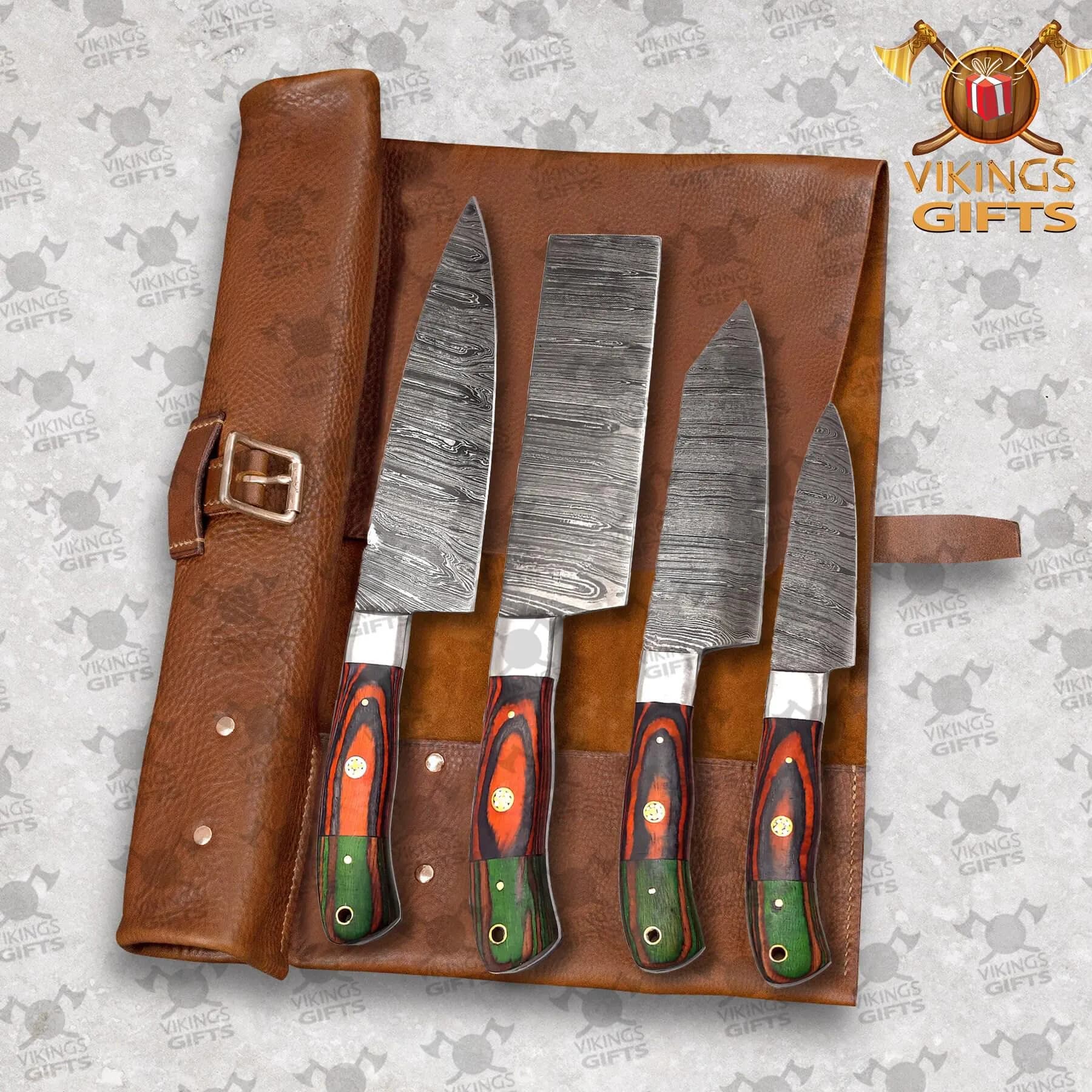 Hand-Forged Damascus Chef Knife Set: Wood & Bone Handle, Leather Roll - image 4