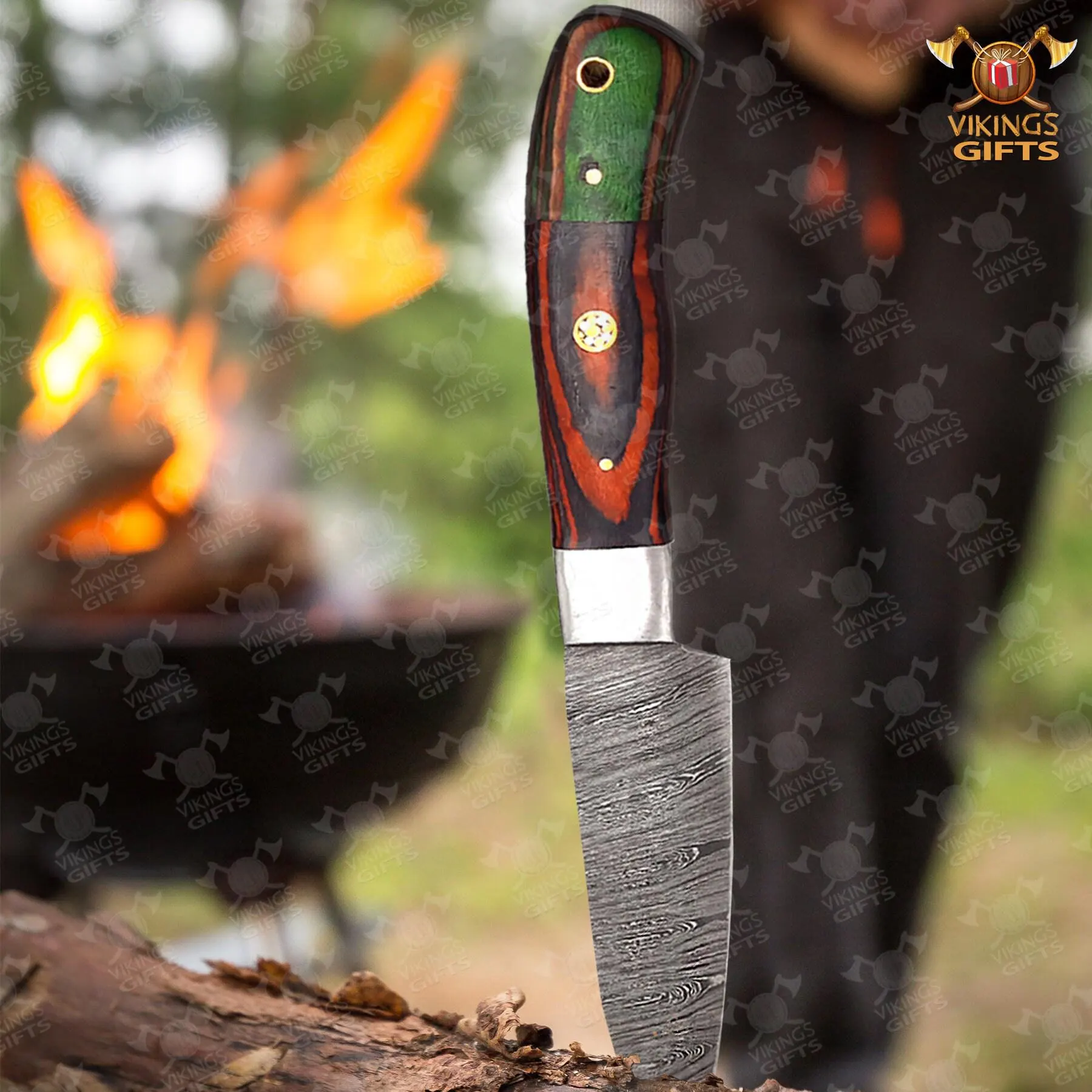 Hand-Forged Damascus Chef Knife Set: Wood & Bone Handle, Leather Roll - image 3