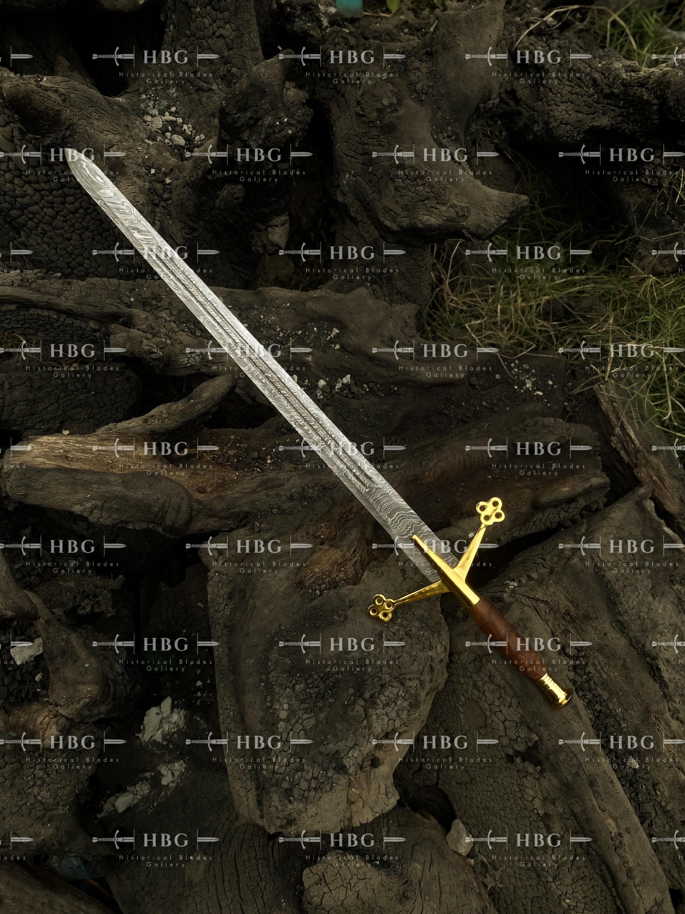 Claymore Sword Hand-Forged Damascus Steel, 38 Inch Medieval Sword Replica, Black Scottish, Fantasy Display, Leather Sheath - image 4