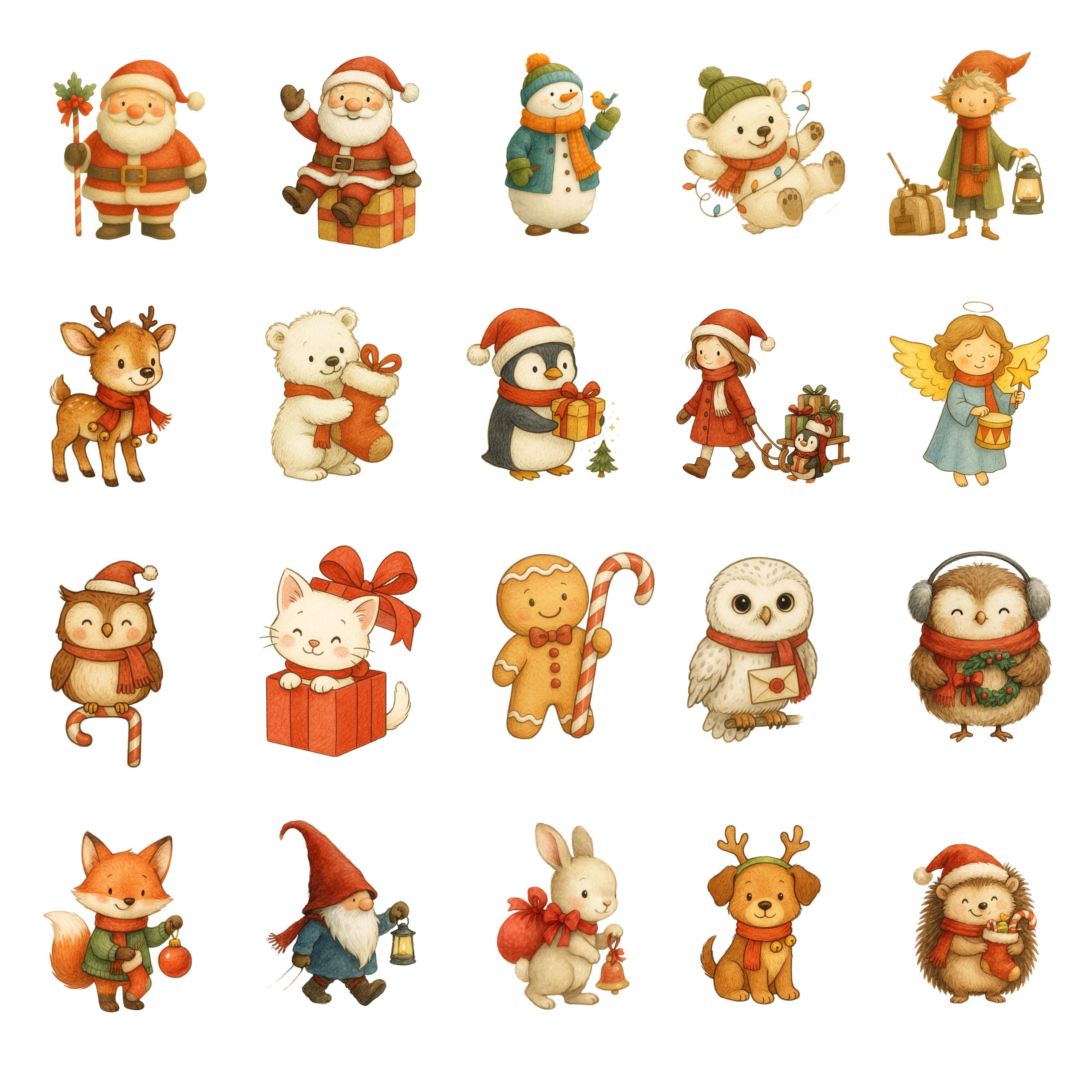 Watercolor Christmas Clipart : Holiday Animals, Santa, Gifts (PNG Digital Download) - image 3