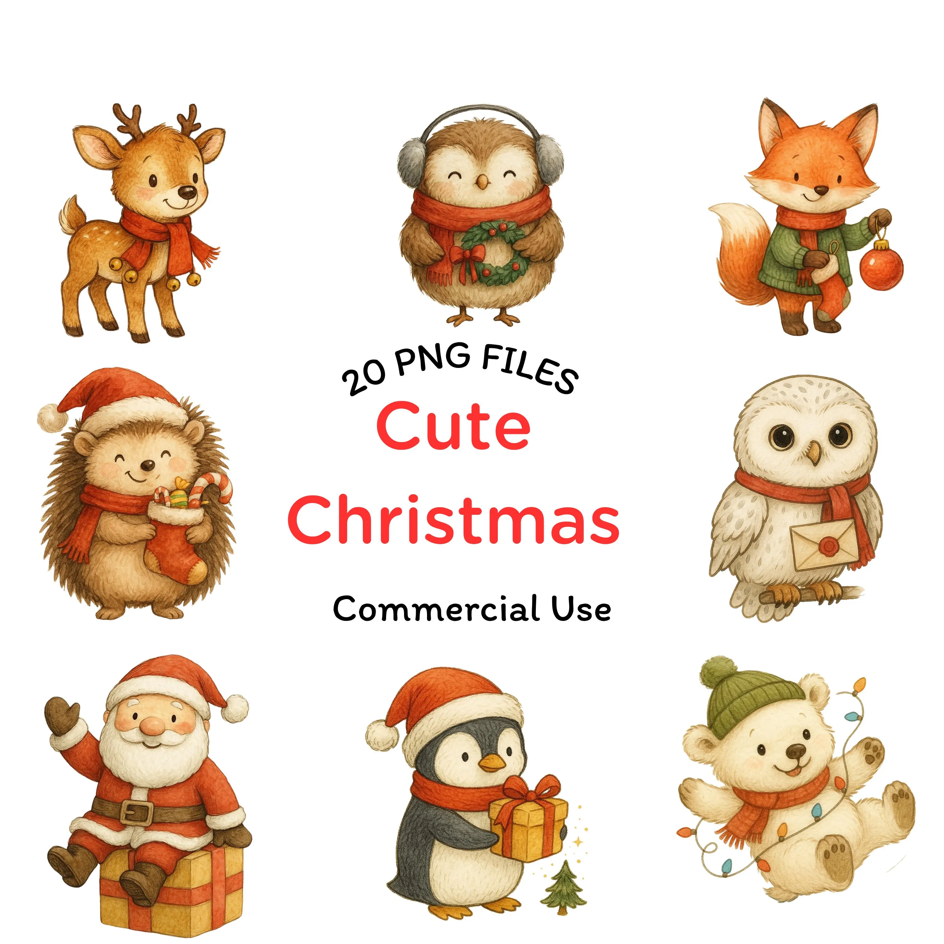 Watercolor Christmas Clipart : Holiday Animals, Santa, Gifts (PNG Digital Download)