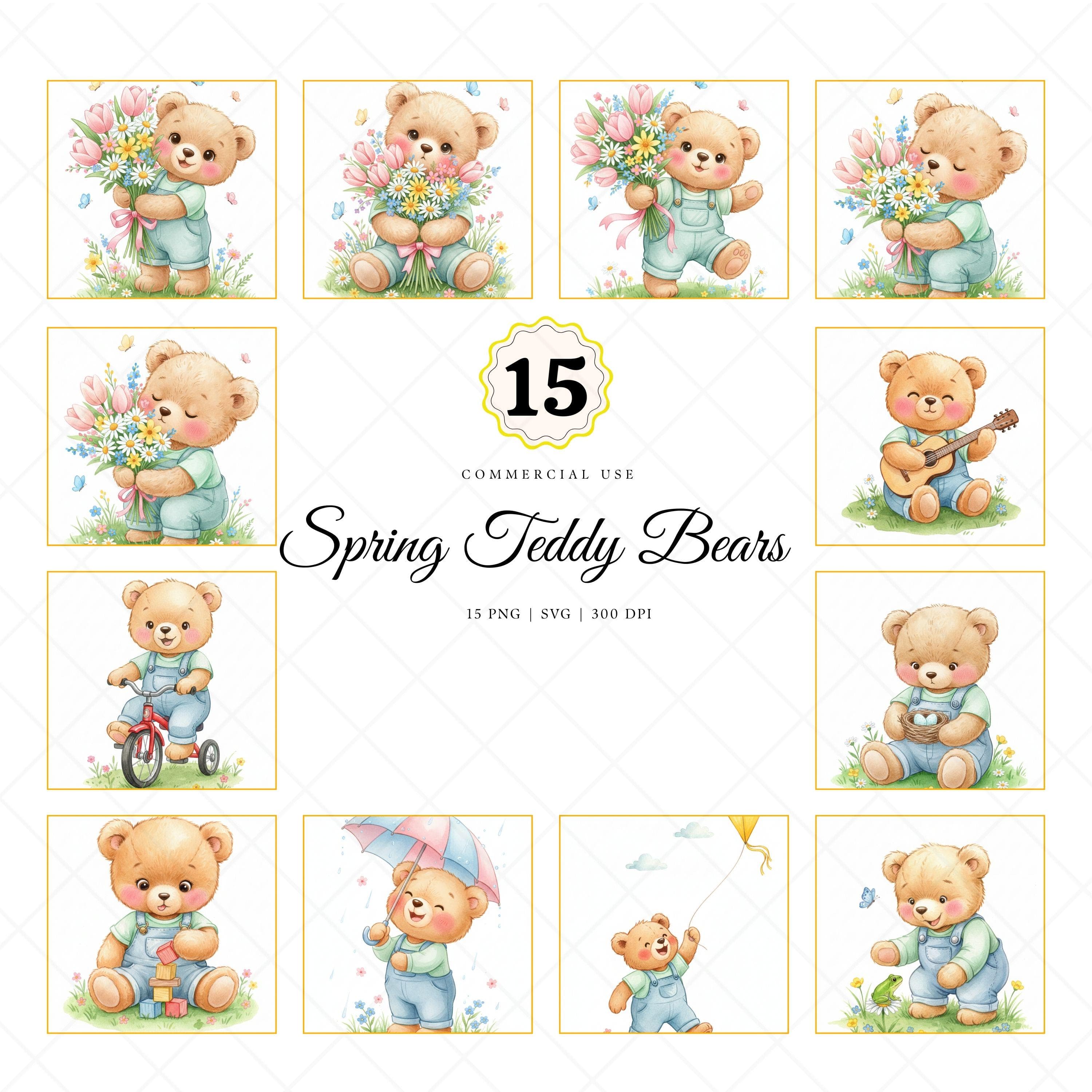 15 Watercolor Spring Teddy Clipart, Cute Teddy Bear PNG, Spring Animal Clipart, Seasonal Clipart, Scrapbook, Junk Journal, Digital Download