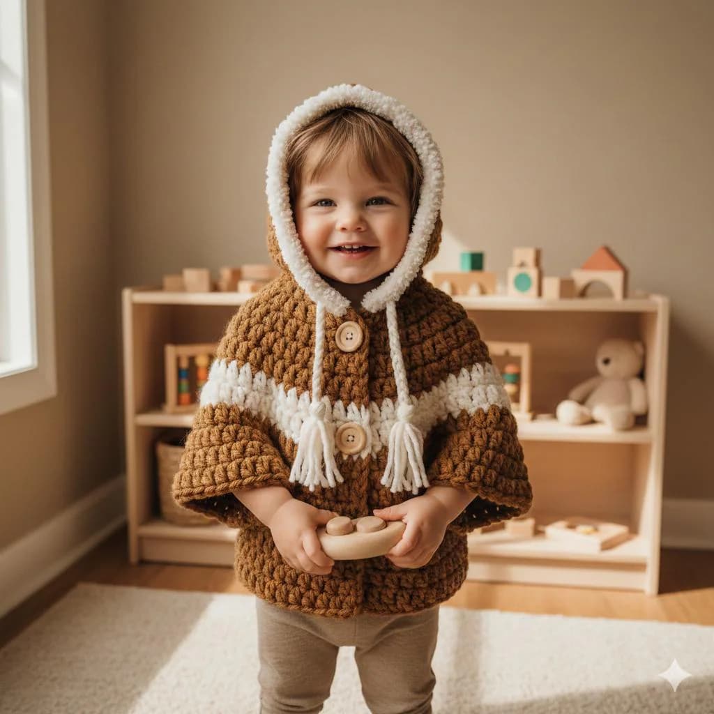 Woodland Snuggle Hooded Baby Poncho Crochet Pattern (PDF), Toddler Cape 12-18 Months - image 3