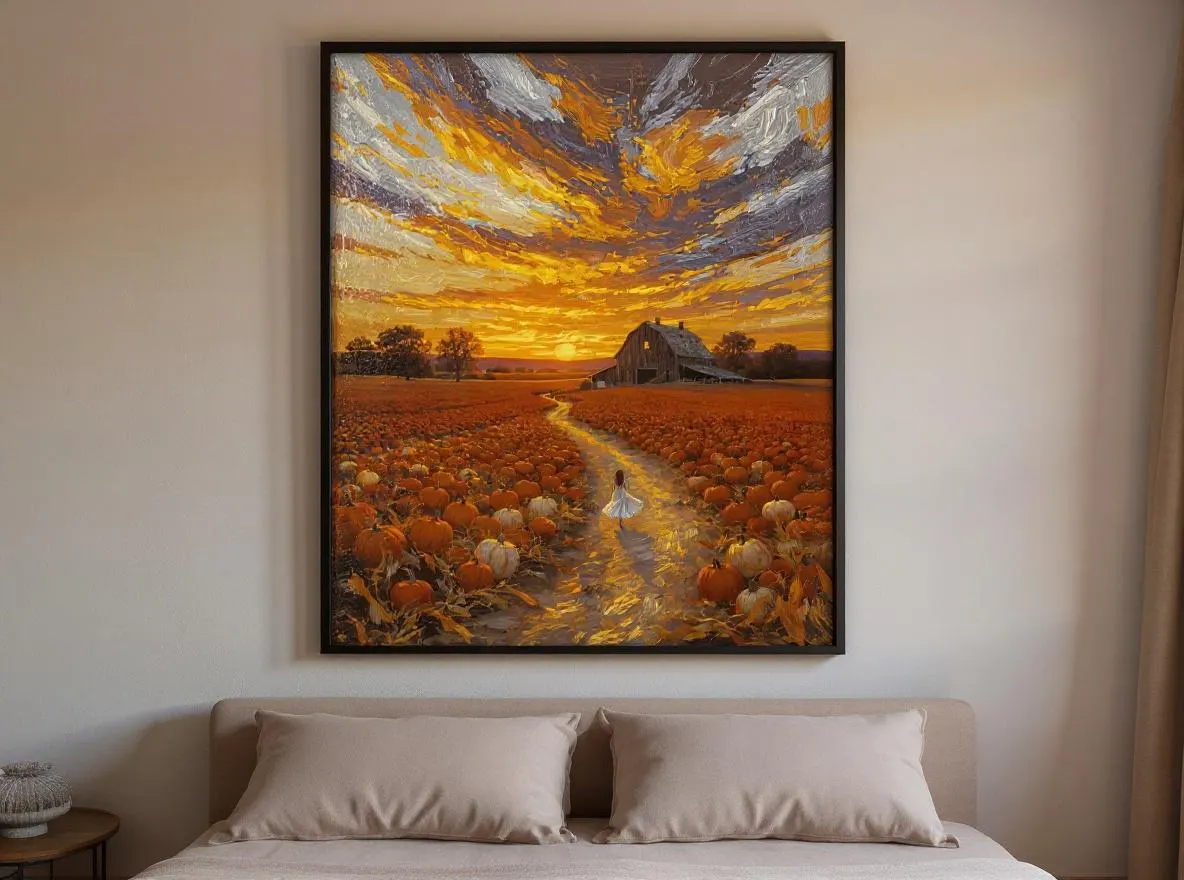 Pumpkin Patch Sunset Print | Impressionist Autumn Landscape Wall Art | Rustic Barn Fall Decor | Cottagecore Printable Digital Download - image 5