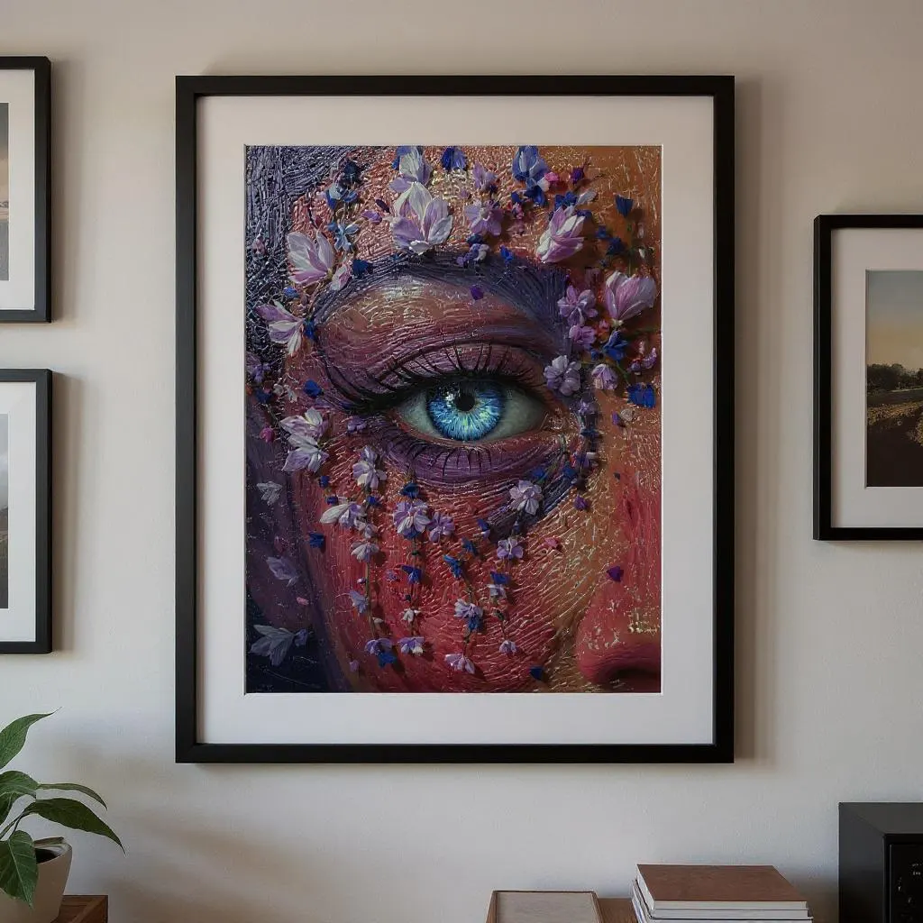 Floral Eye Portrait Print | Surreal Blue Eye Wall Art | Botanical Face Digital Download | Maximalist Bold Art