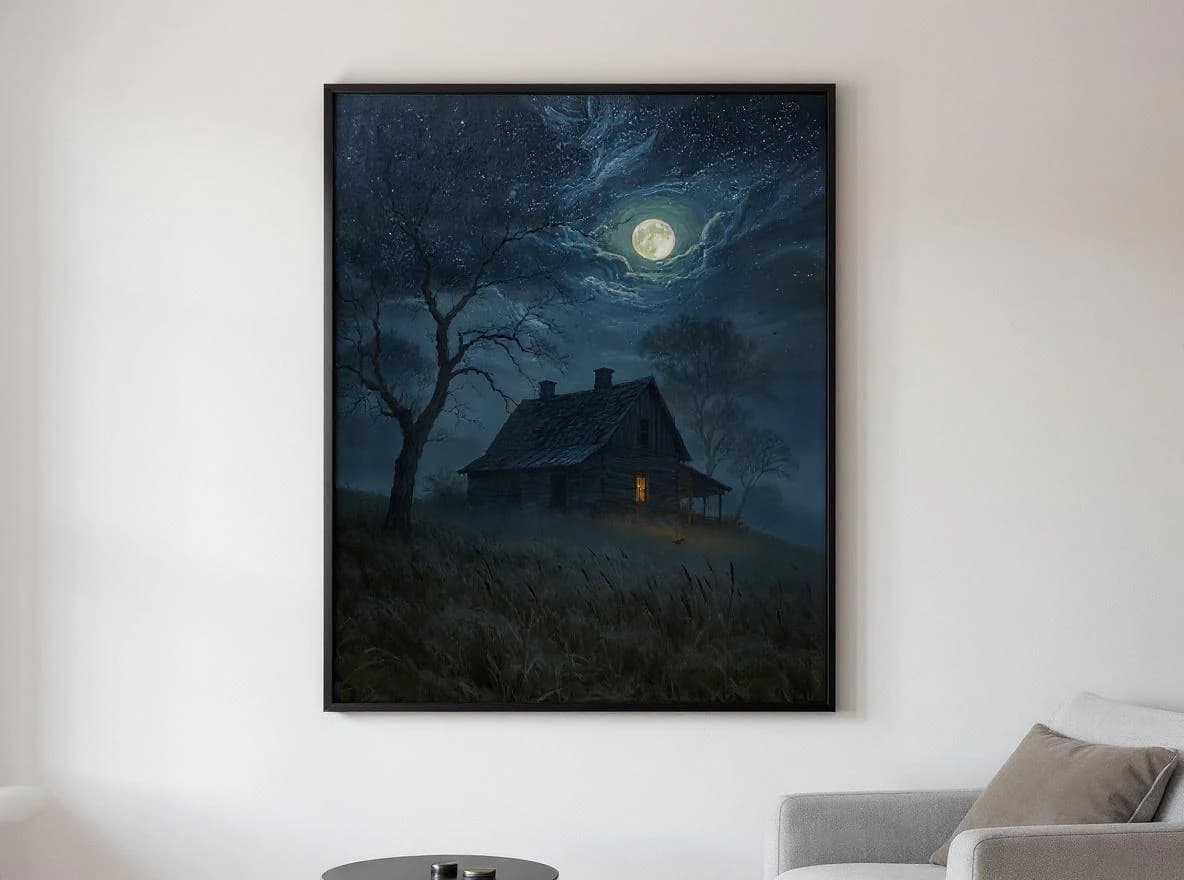 Haunted Farmhouse Wall Art | Moonlit Gothic Printable | Foggy Full Moon Landscape Print | Spooky Dark Cottagecore Decor Download