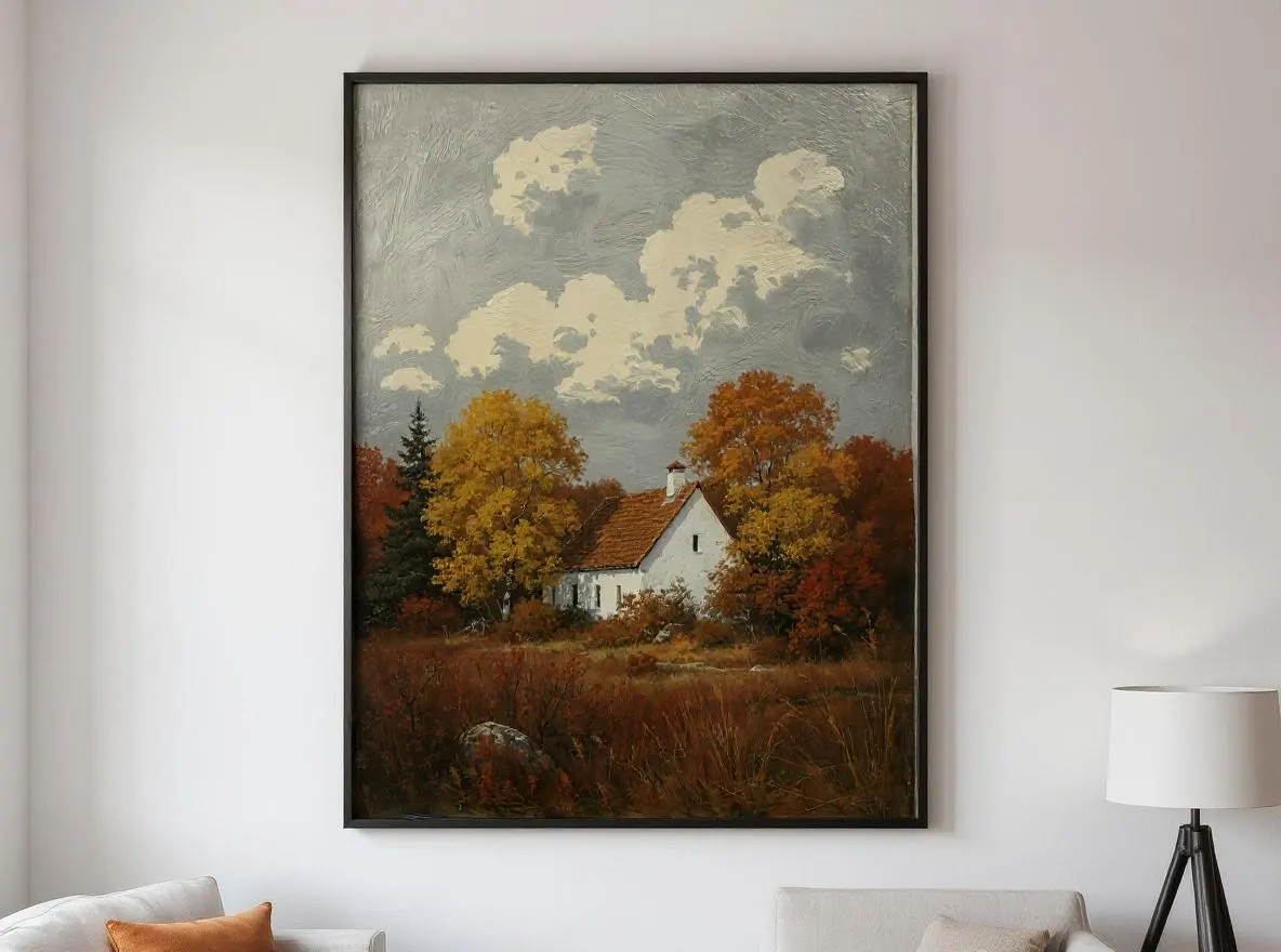 Autumn Cottage Landscape Print | Rustic Fall Wall Art | Vintage Country Cottage Decor | Printable Instant Download | Cozy Home Artwork