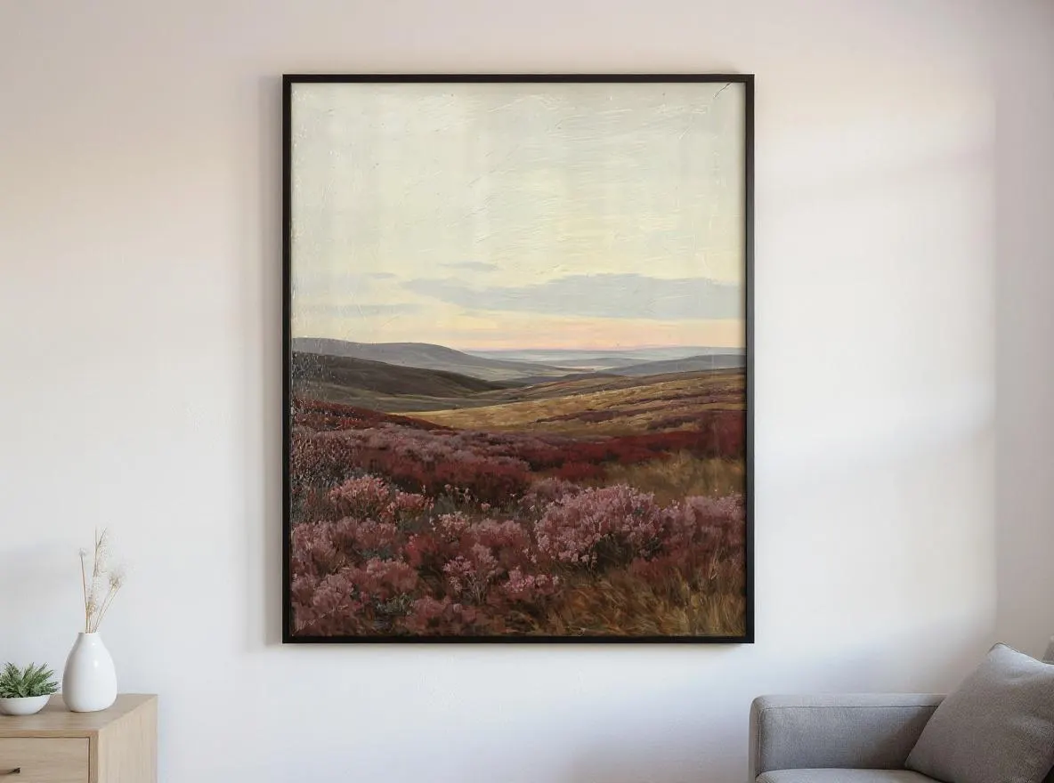 Heather Moorland Print | Moody Landscape Wall Art | Dusty Rose Pastoral Oil Painting | Rustic Purple Hills Decor | Instant Download