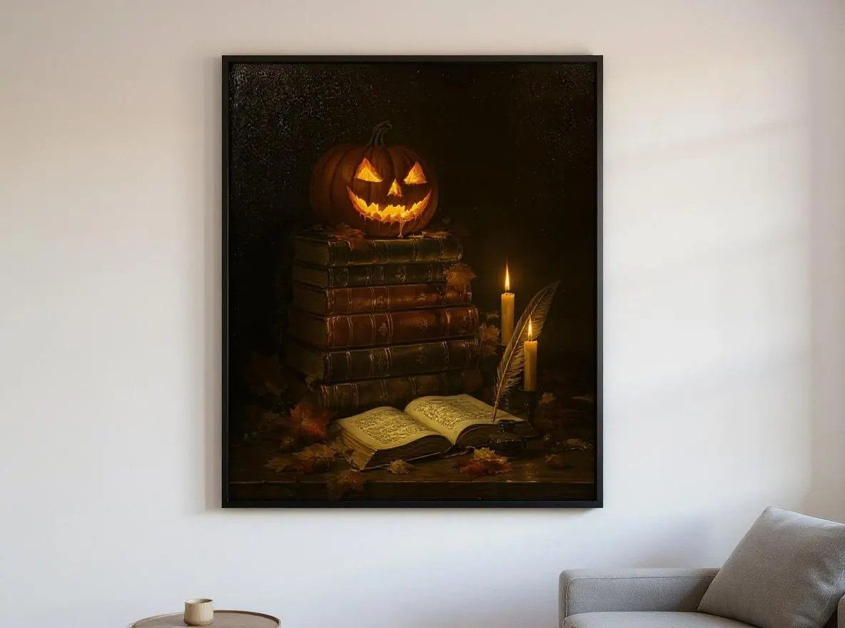 Dark Academia Halloween Print | Glowing Jack-o'-Lantern on Antique Books Wall Art | Gothic Autumn Decor | Instant Download